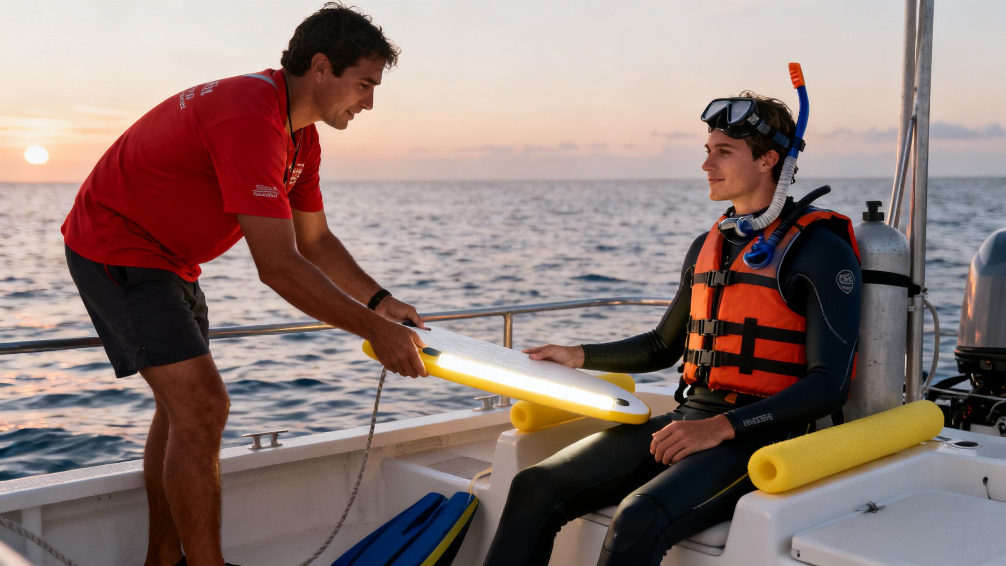 A guide hands a luminous dive board to a snorkeler wearing a wetsuit and life vest on a boat at sunset.
