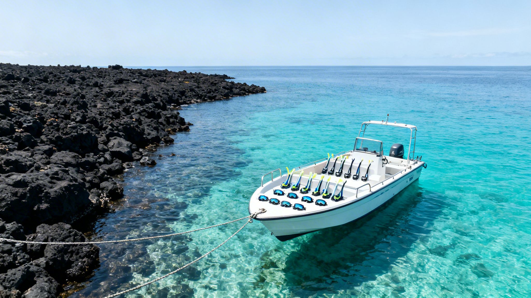 White boat with snorkeling gear anchored in clear turquoise water beside a dark, rocky coast.