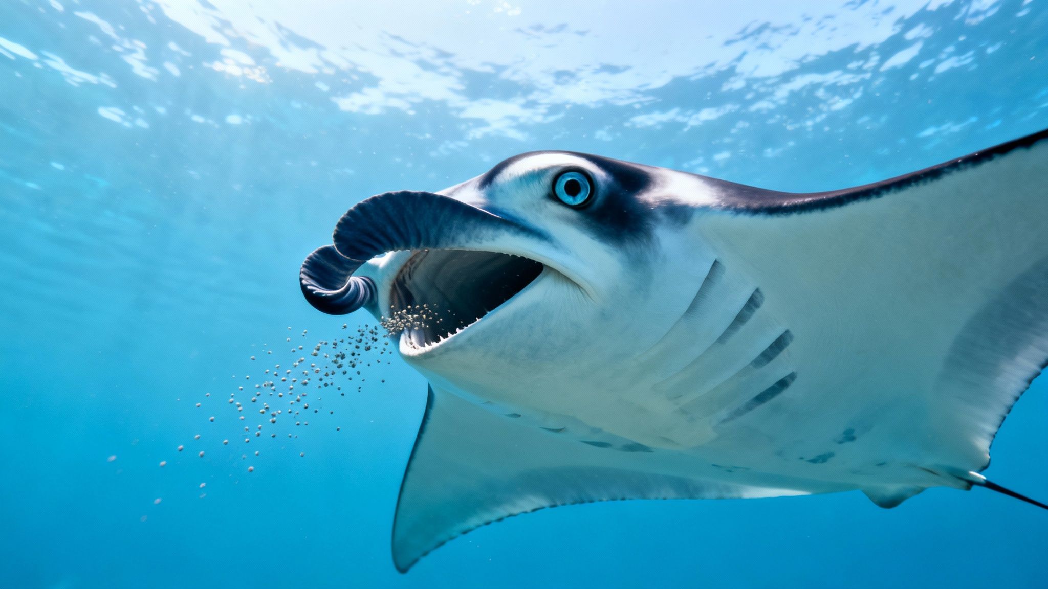 Close-up of a majestic manta ray swimming underwater, filter feeding small particles with its wide mouth.