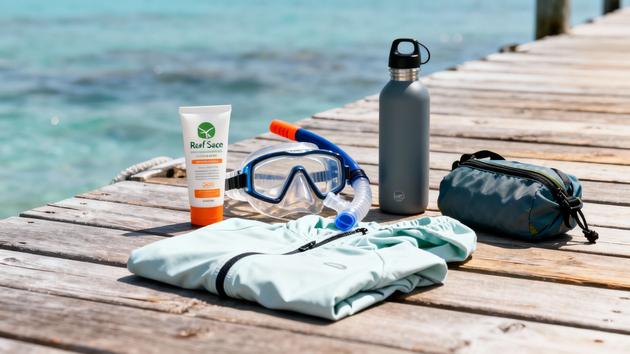 Essentials for a boat tour: reef-safe sunscreen, snorkel set, water bottle, and swim shirt on a dock.