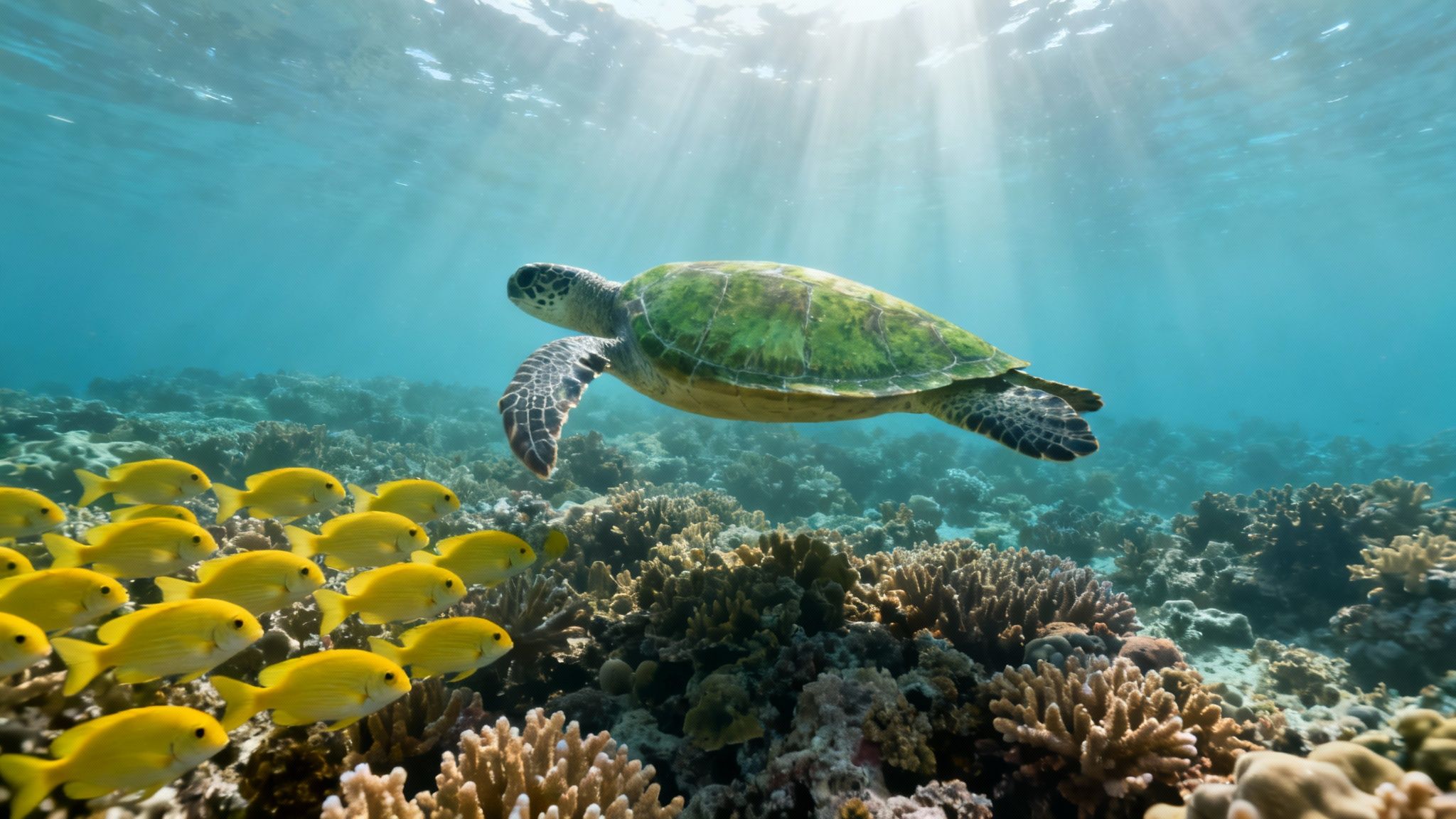 A green sea turtle swims above a vibrant coral reef with a school of yellow fish.