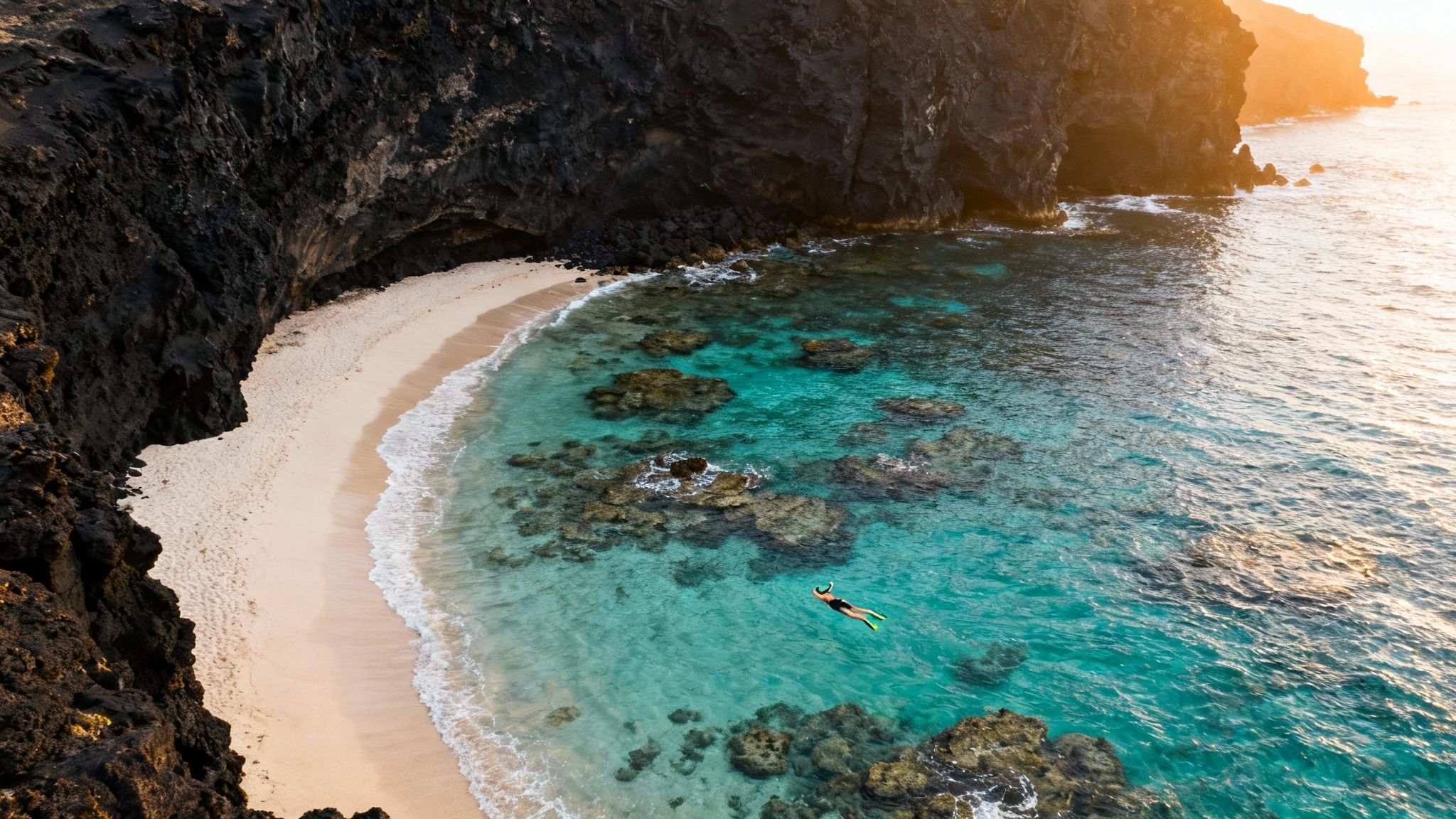 Aerial view of a secluded cove with black cliffs, turquoise water, a white sand beach, and a snorkeler.