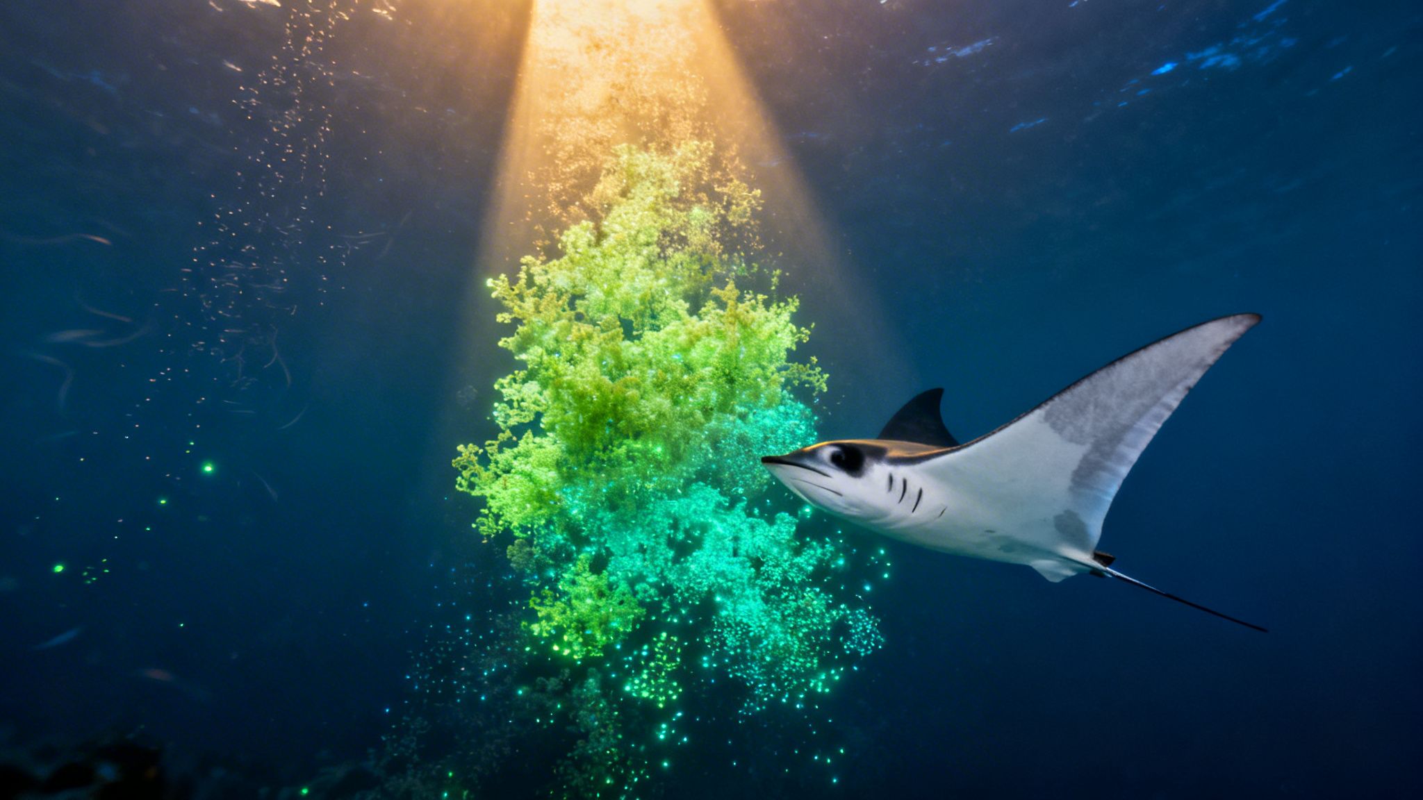 A graceful manta ray swims through vibrant blue water alongside glowing coral, illuminated by a sunbeam.