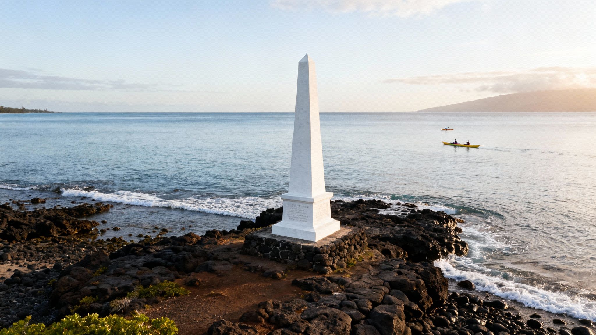 White obelisk monument on a rocky coast overlooking the ocean with kayakers and a distant island at sunset.