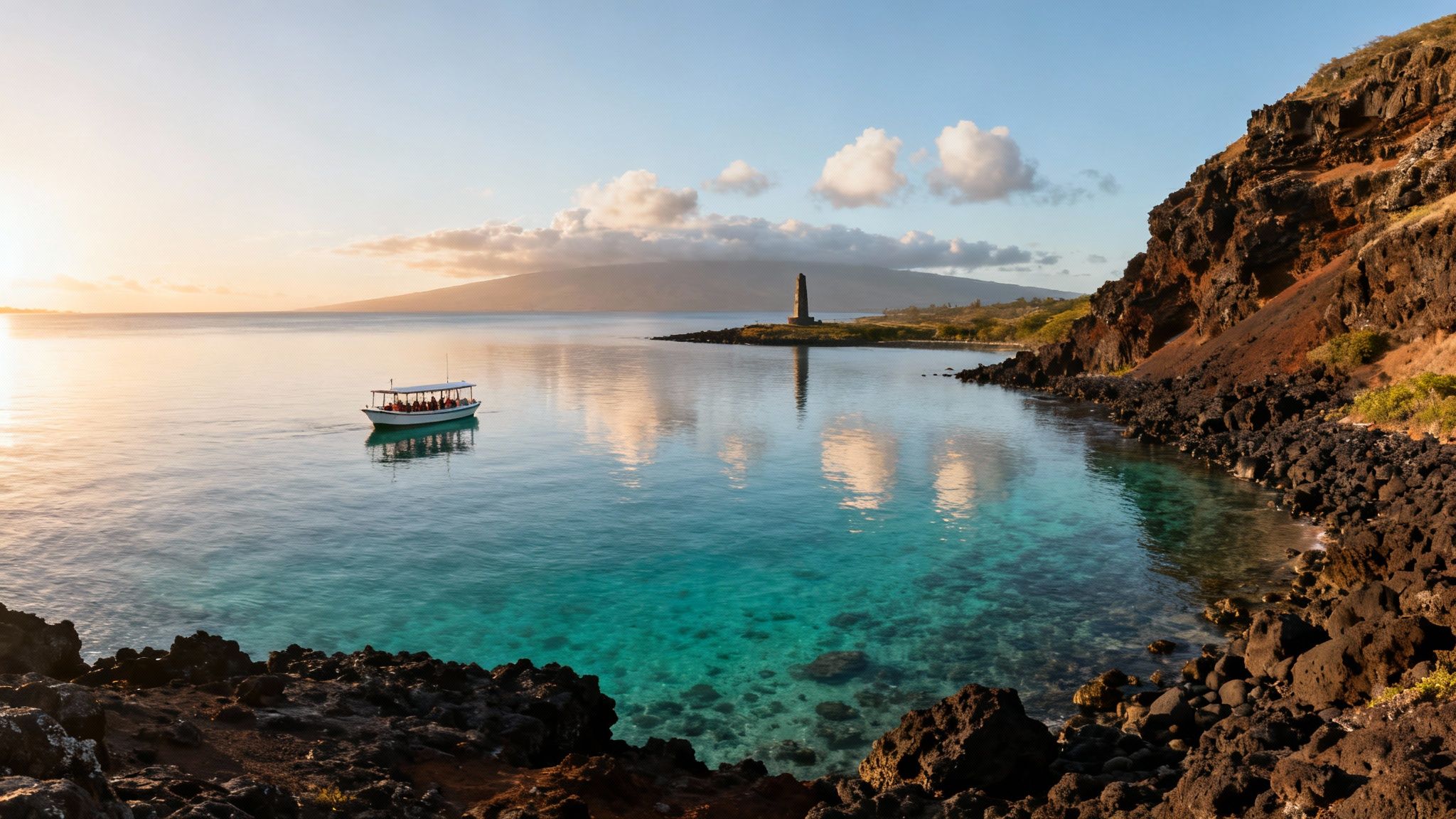 Sunset over Kealakekua Bay, Hawaii, featuring a boat near the Captain Cook Monument and turquoise water.