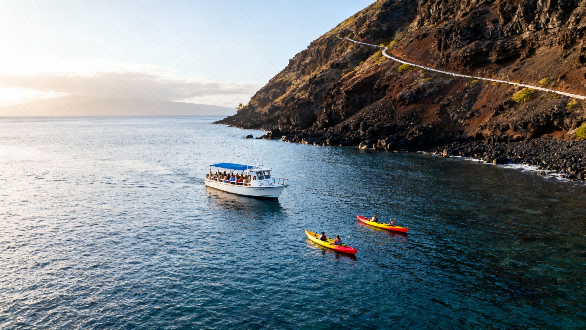A white tour boat with passengers and two kayaks on blue ocean water near a rocky coast.