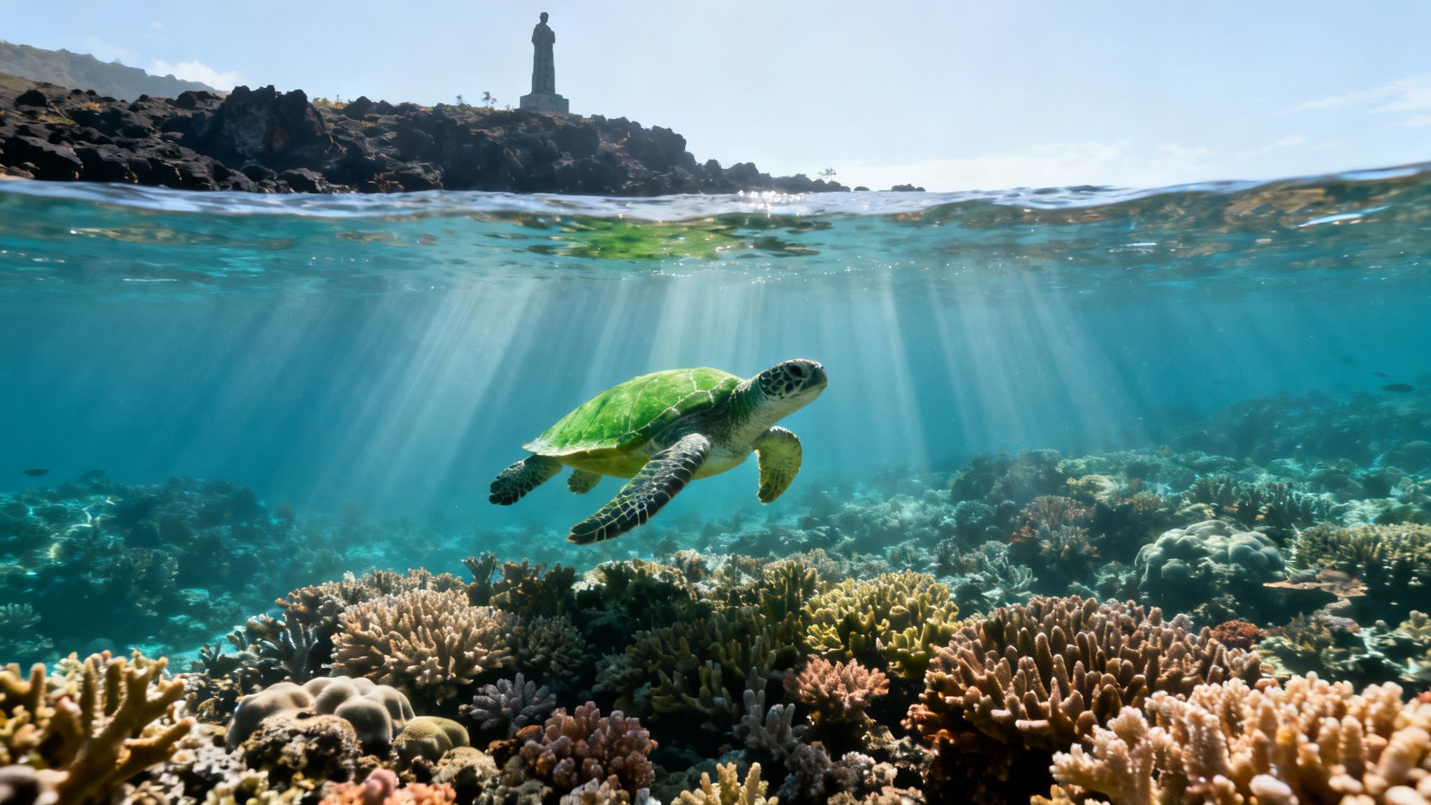 A green sea turtle swims over colorful coral reefs with an island and monument above water.