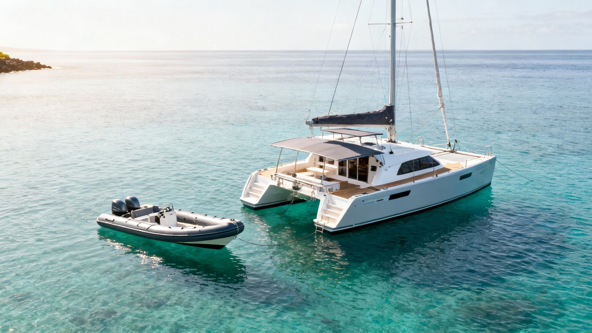 A white catamaran sailboat and a black dinghy anchored in clear turquoise ocean water near a rocky coast.