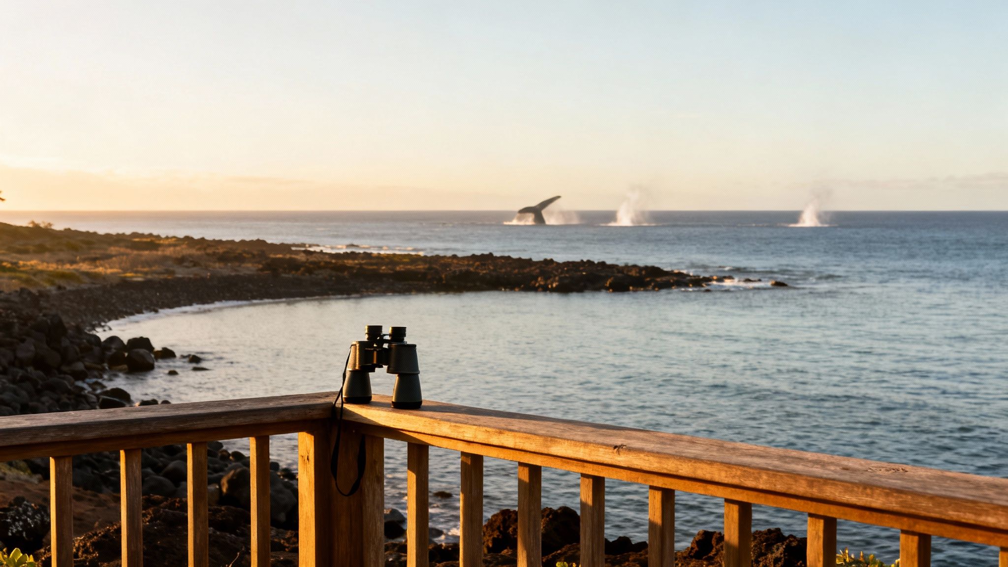 Binoculars on a wooden railing overlook a beautiful ocean view with whales breaching at sunset.