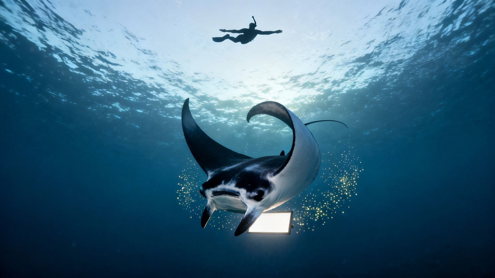 A large manta ray glides gracefully just below the water&#39;s surface at night, illuminated by a snorkeler&#39;s light.