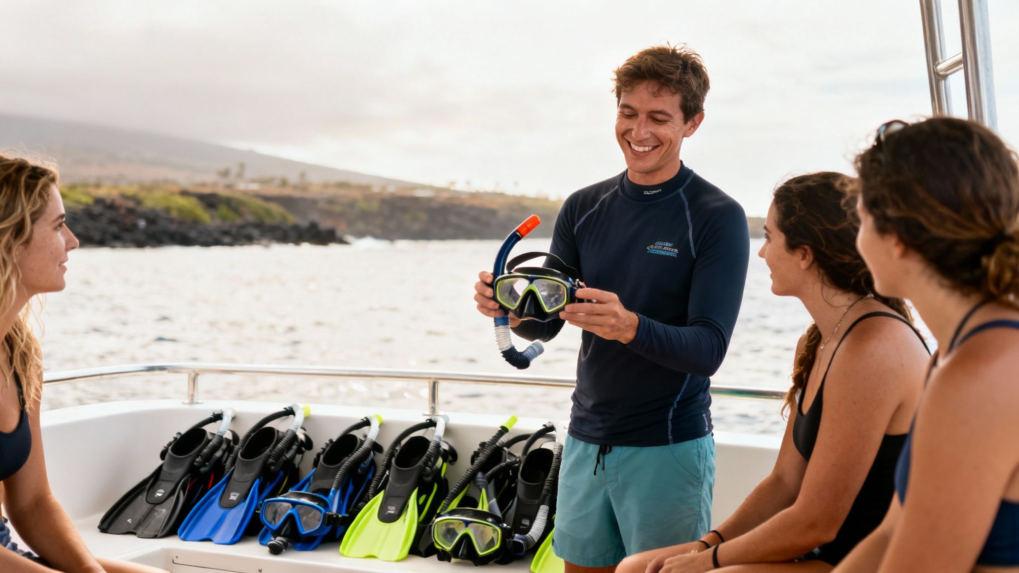 A snorkeler explores the clear waters and coral near the Captain Cook monument.
