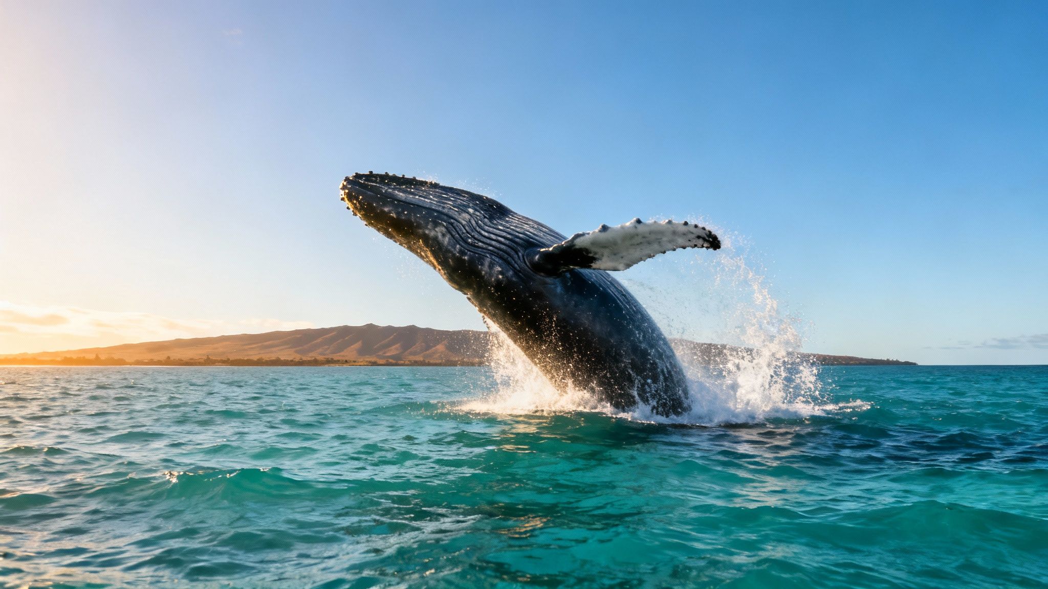 A magnificent humpback whale breaches out of turquoise water, splashing at sunset with distant hills.