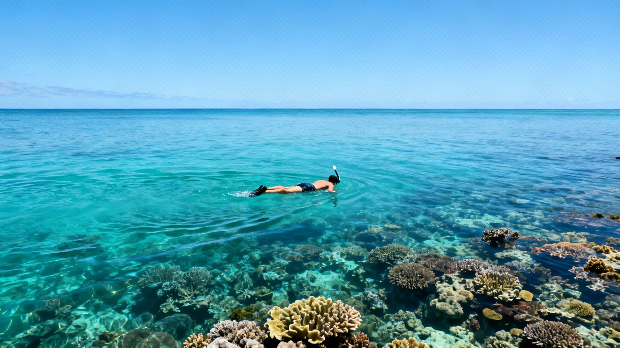 A snorkeler swimming with a sea turtle in the clear blue waters of Kealakekua Bay.
