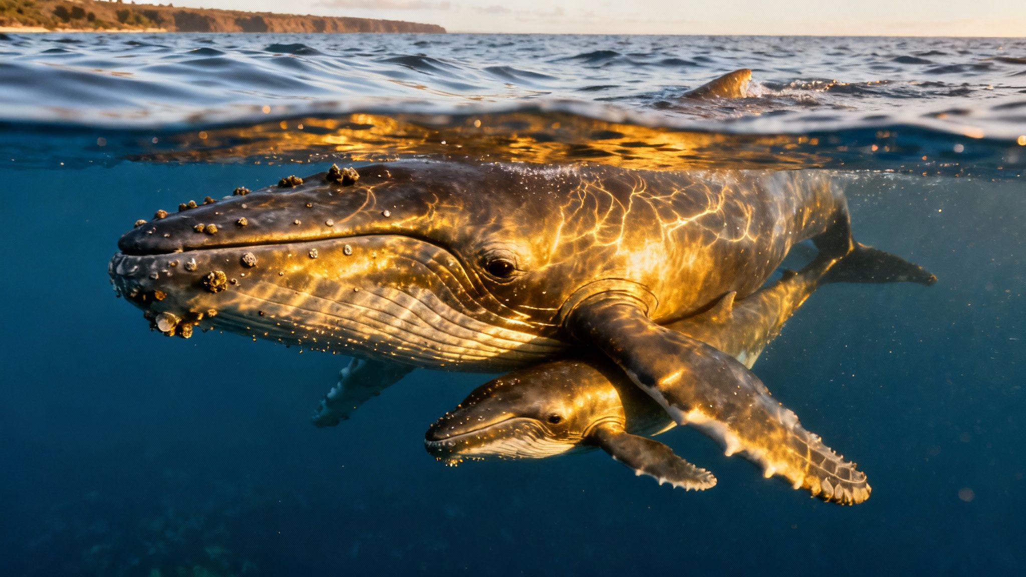Humpback whale mother and calf swimming together underwater near ocean surface in golden sunlight