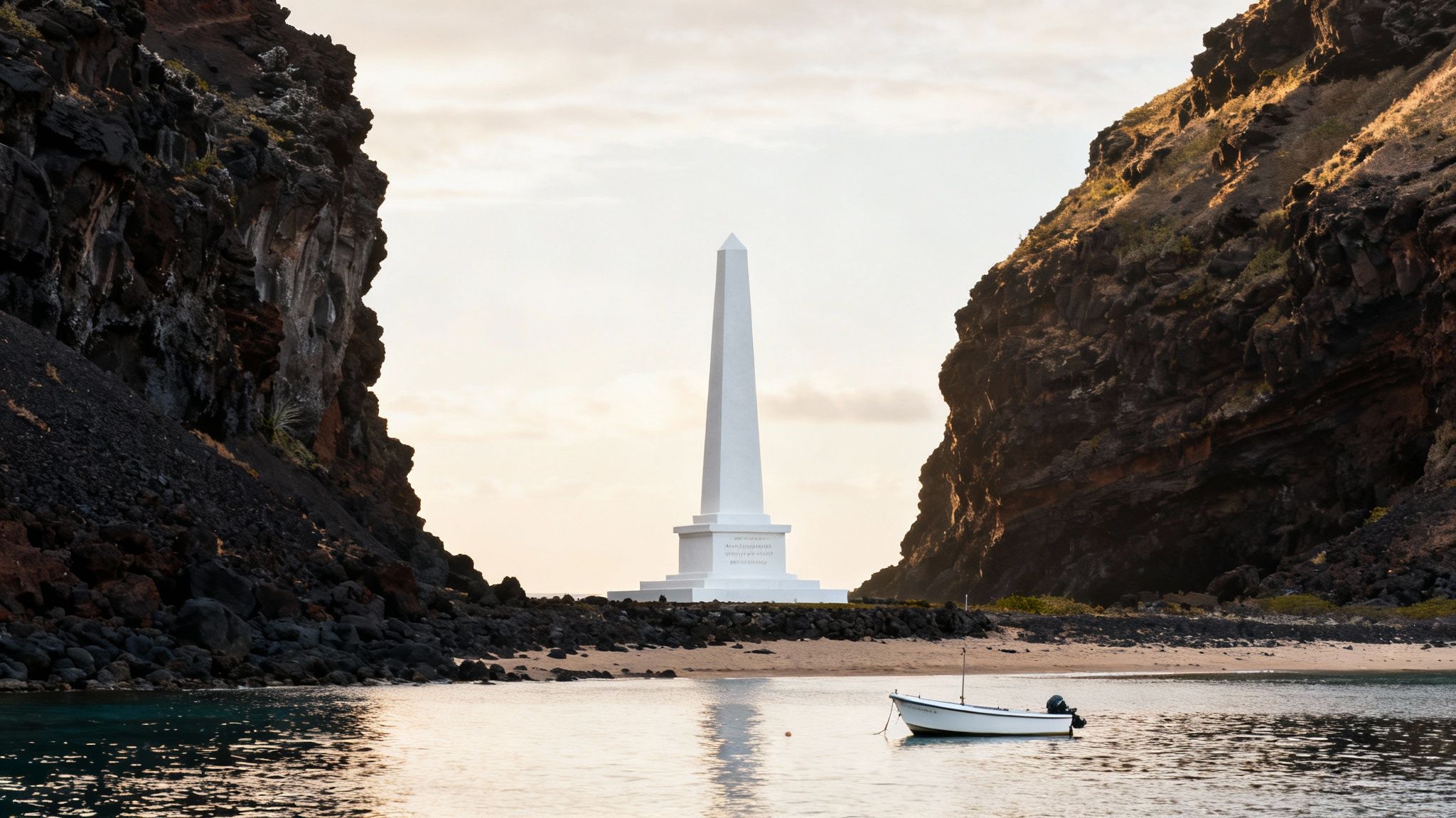 A majestic white obelisk monument stands on a sandy beach between dramatic dark cliffs, with a small boat in calm waters.