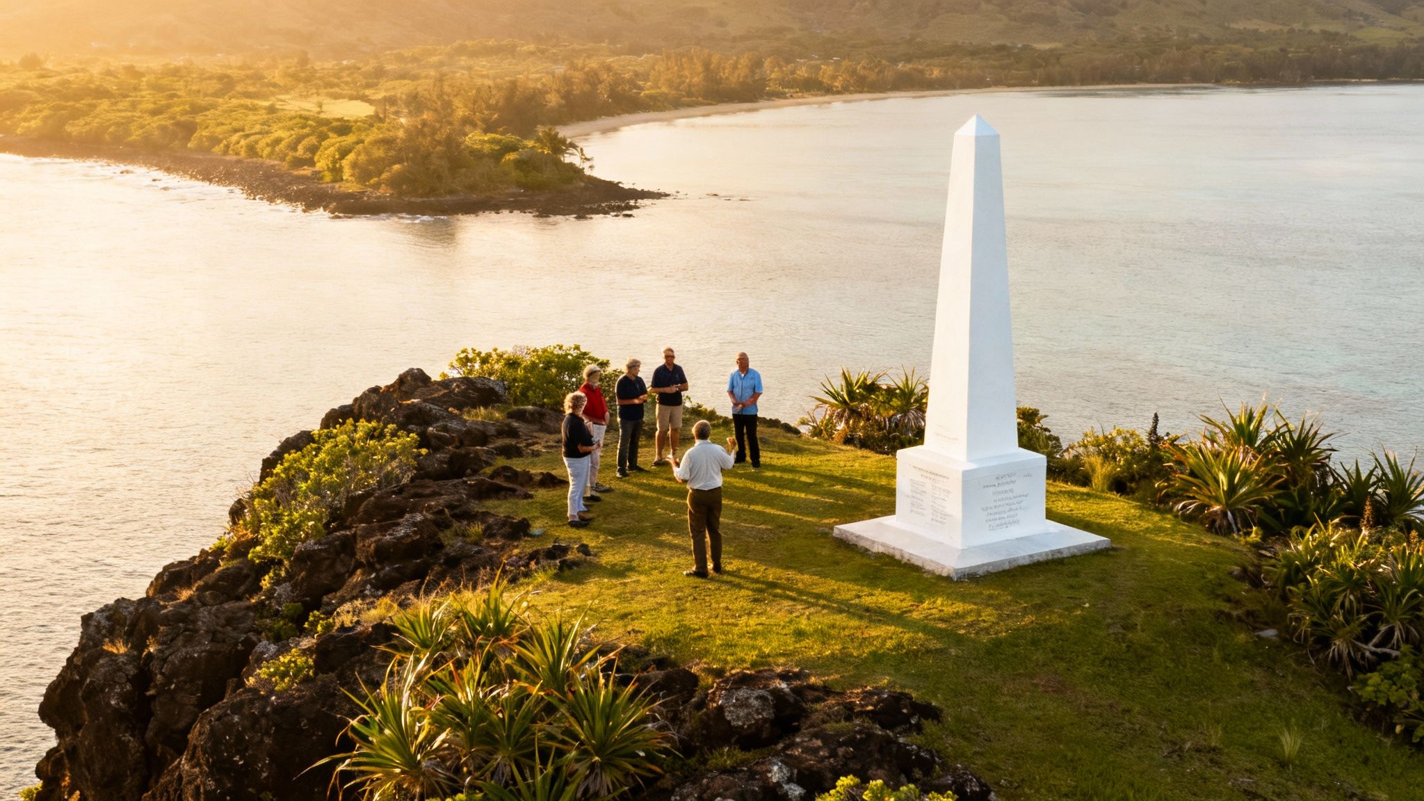 A group listens to a guide at a white obelisk monument overlooking a scenic bay at sunset.