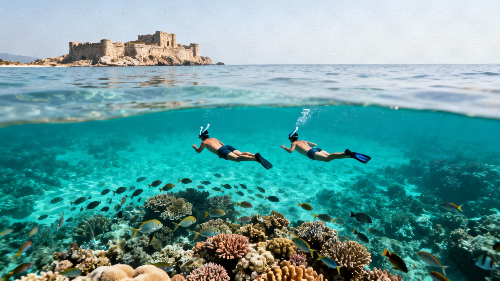Split view photo of two people snorkeling over a vibrant coral reef with a historical fortress in the distance.