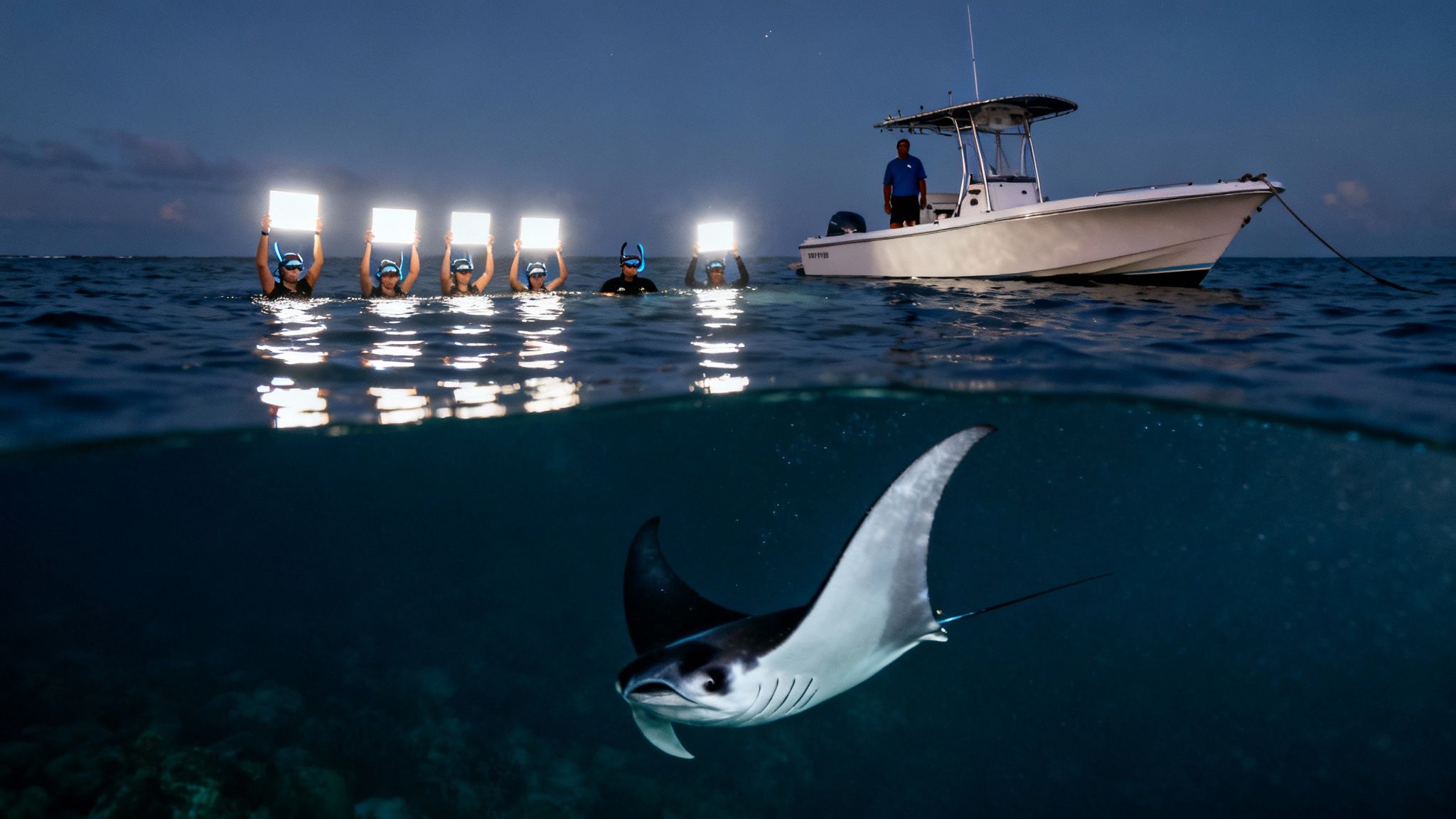 People with bright lights in the ocean at night, watching a manta ray swim below.