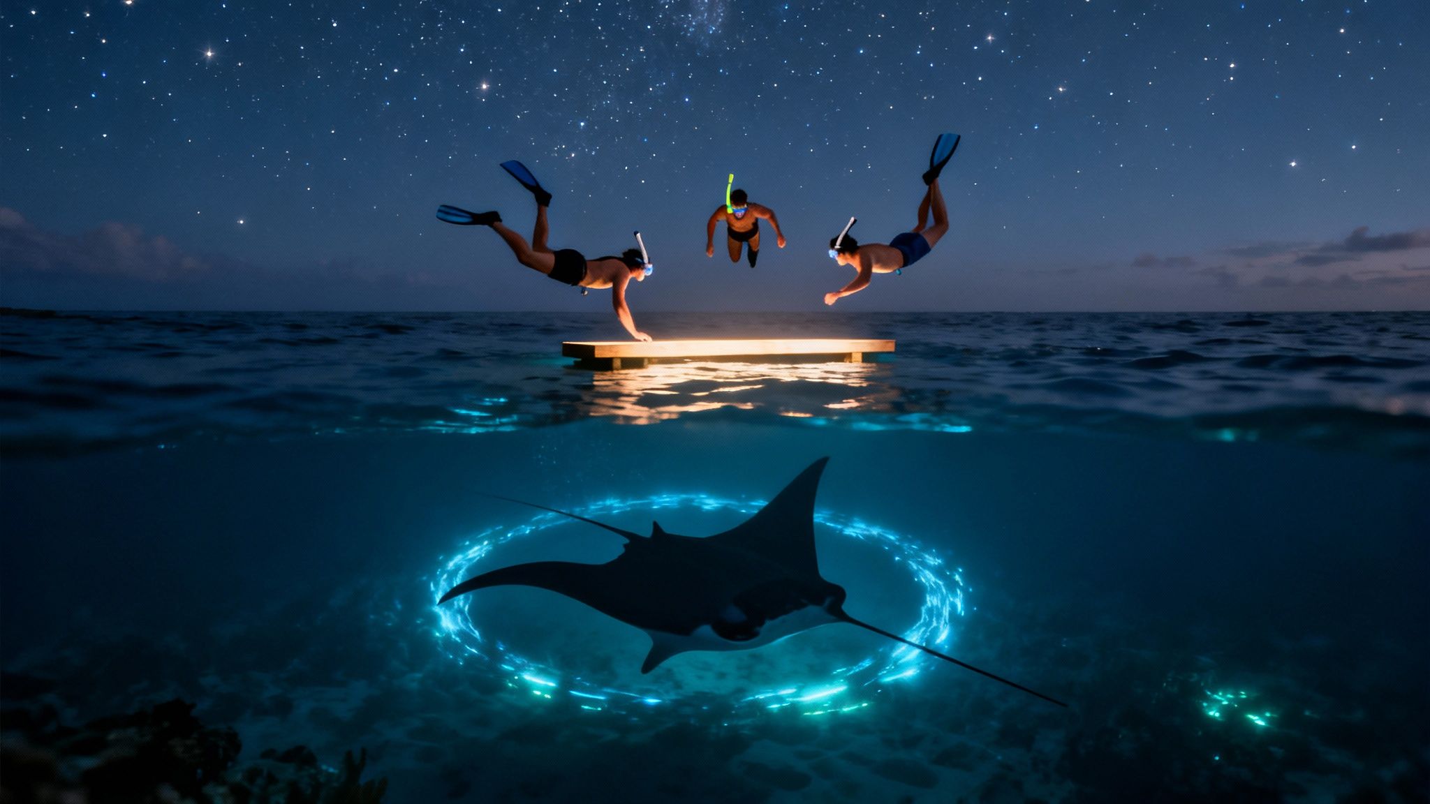 Three snorkelers jump above a glowing platform at night, a manta ray swims in bioluminescent water below.