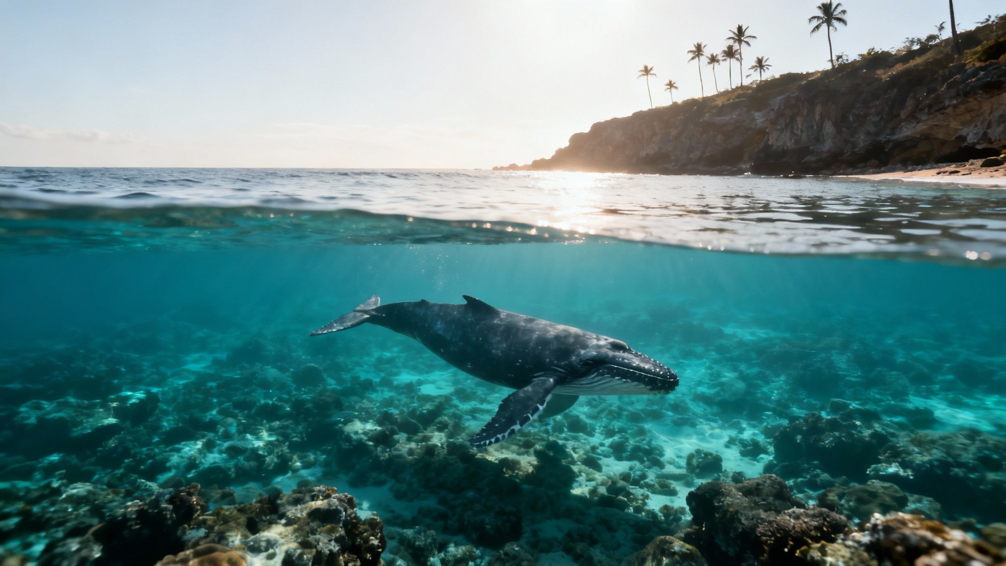 An over-under water shot showing a humpback whale swimming underwater and a tropical island with palm trees at sunset above.