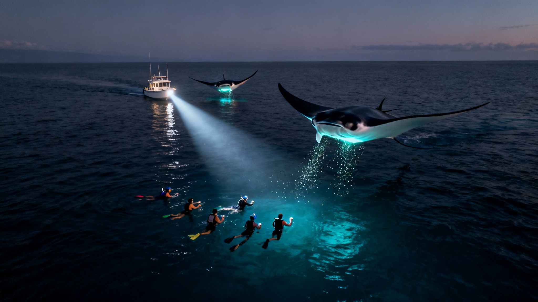 Manta rays feeding under lights in Kona
