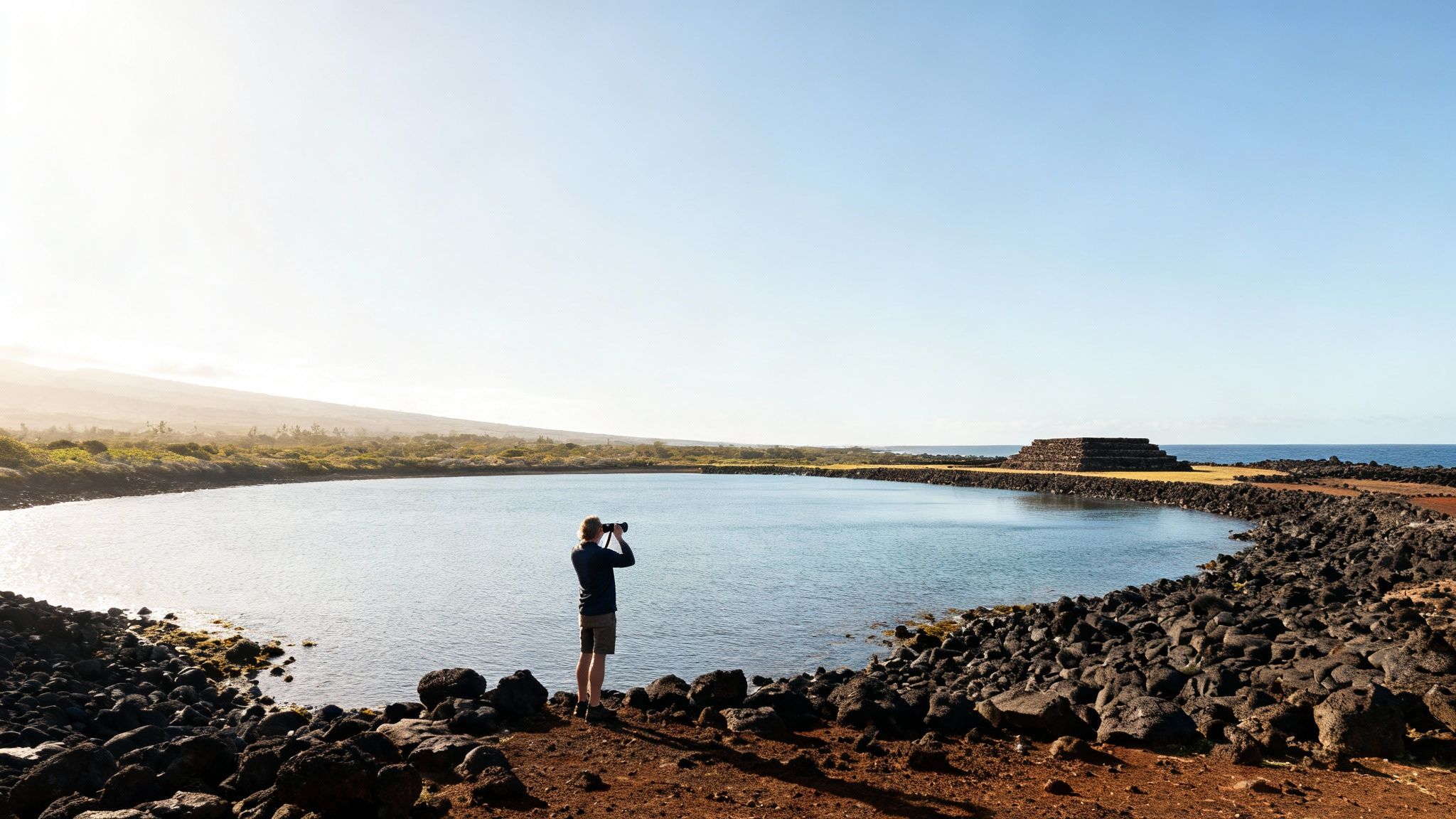 Man with binoculars on a rocky coast observes a lagoon, ancient stone structure, and the ocean.