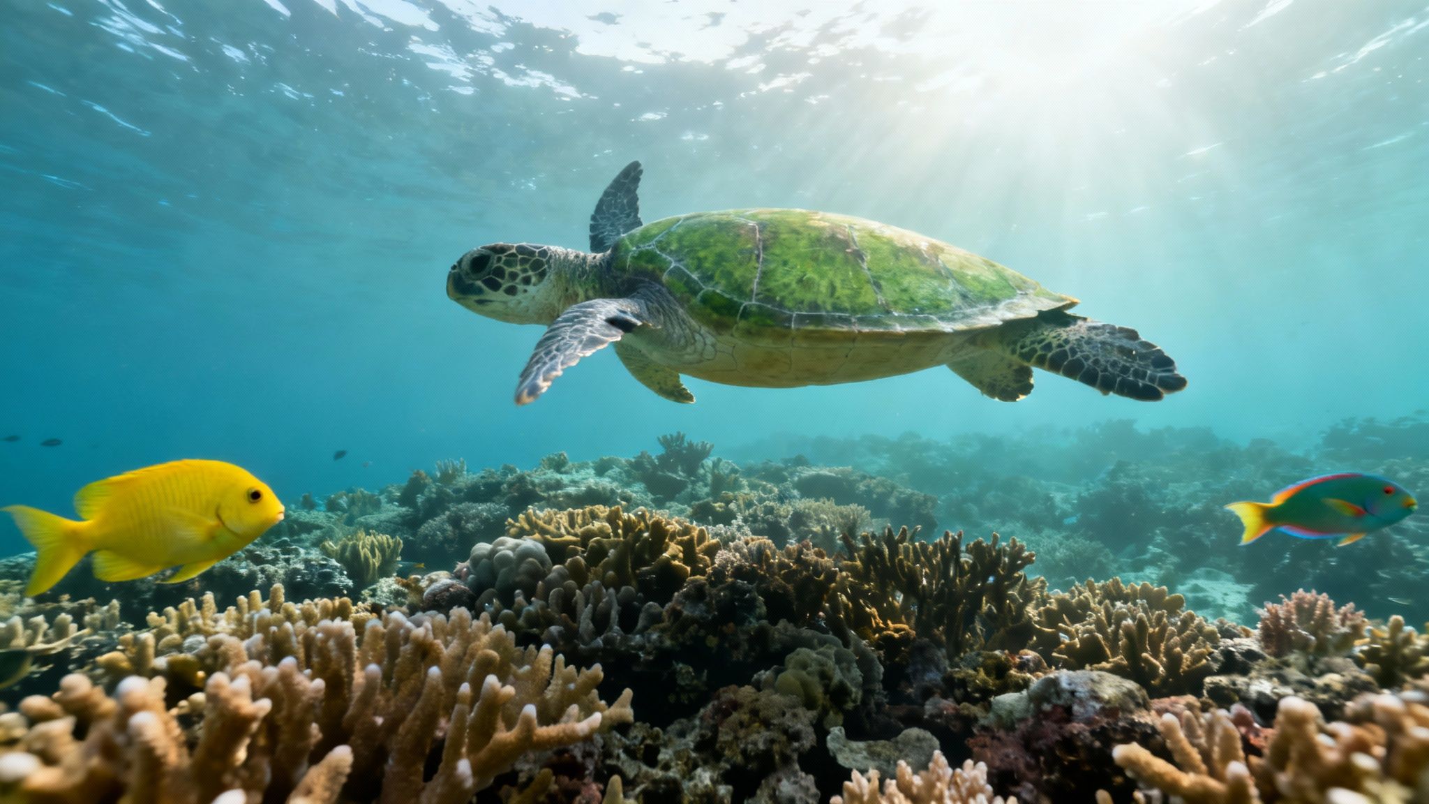 A majestic green sea turtle swims over a vibrant coral reef with two fish in clear blue water.