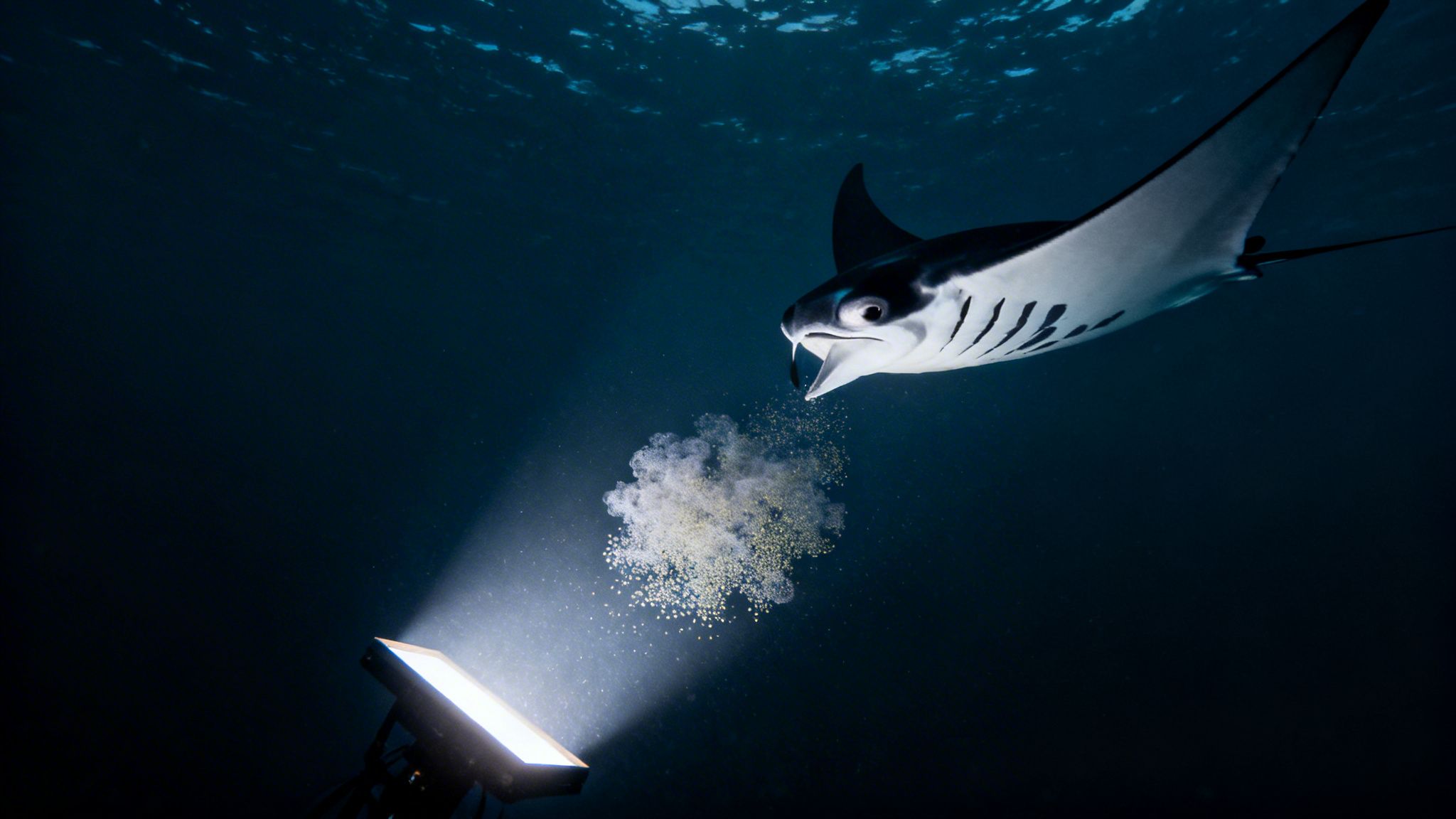 An underwater shot of a majestic manta ray feeding on illuminated plankton at night.