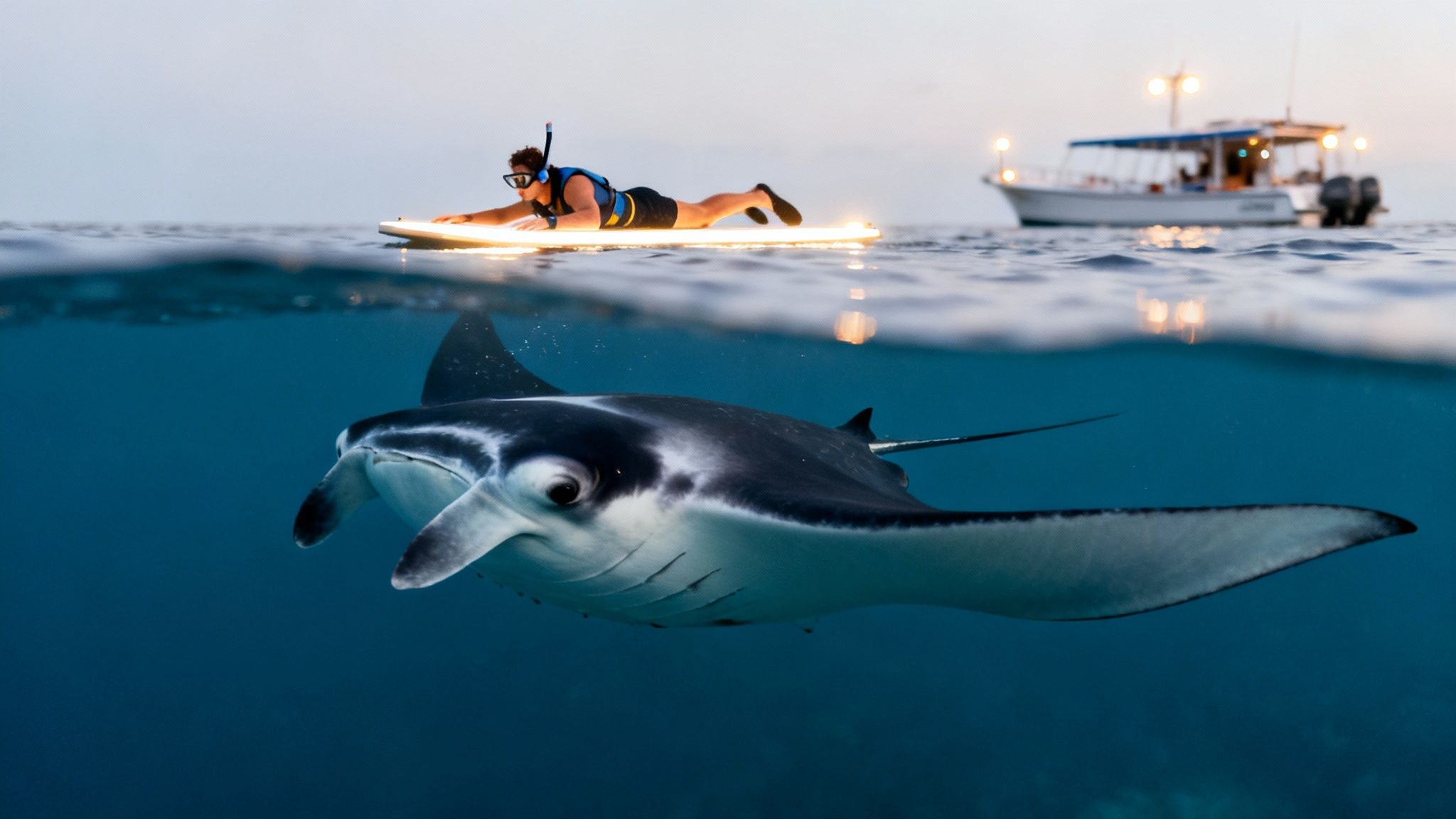 A person on a lighted snorkel board observing a graceful manta ray swimming underwater at dusk.