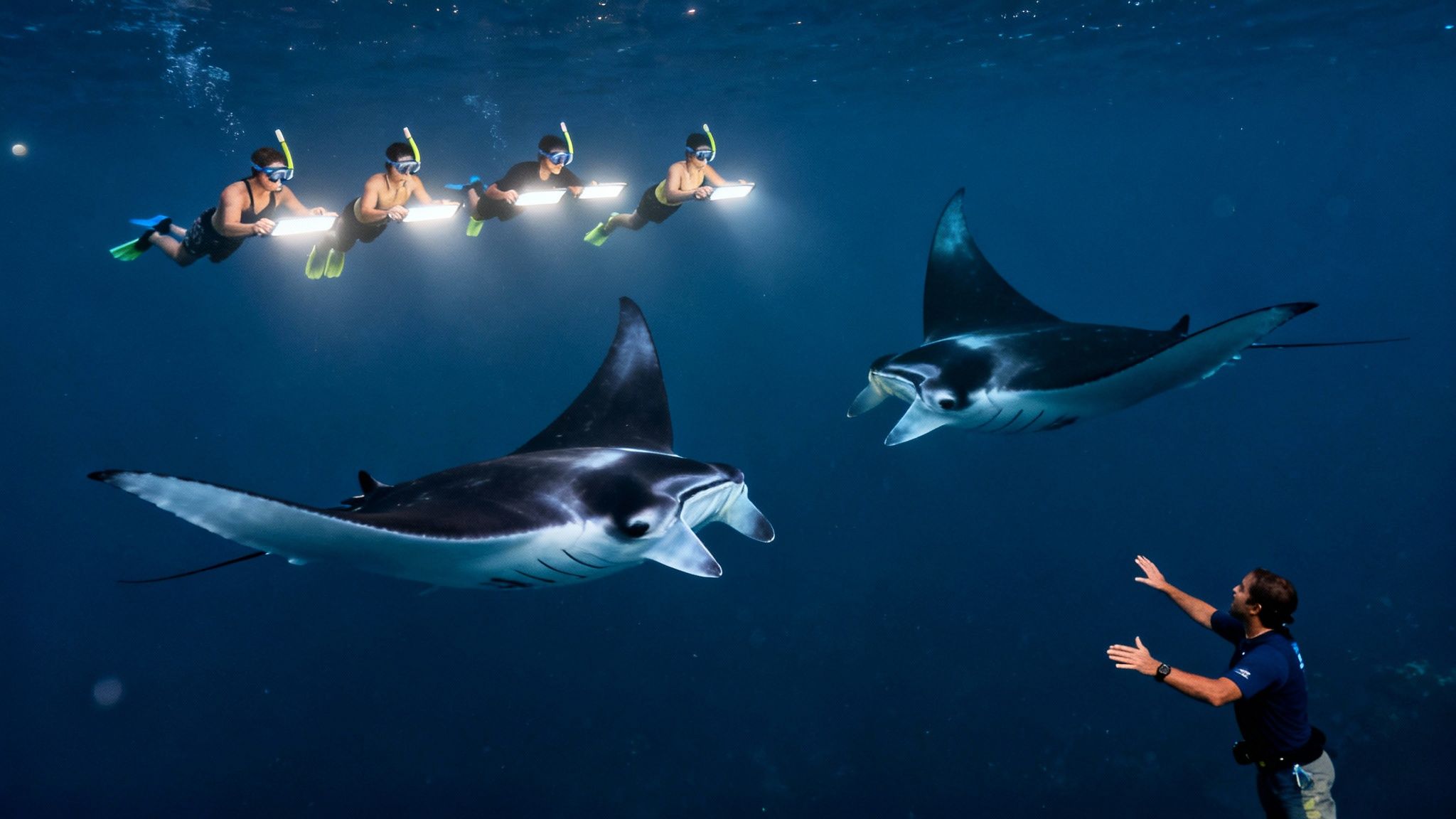 Snorkelers with lights observe giant manta rays and a diver underwater in clear blue water.