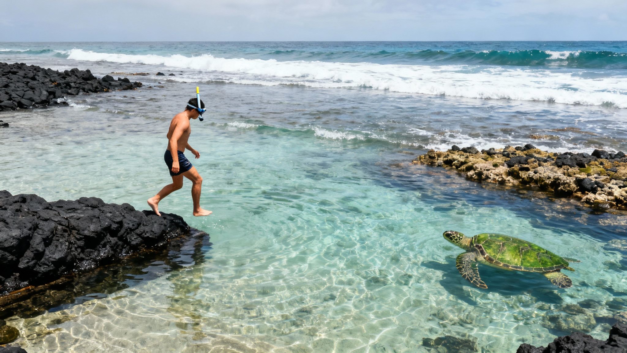 Man with snorkel gear stepping into clear ocean water near black rocks, a green sea turtle swims nearby.
