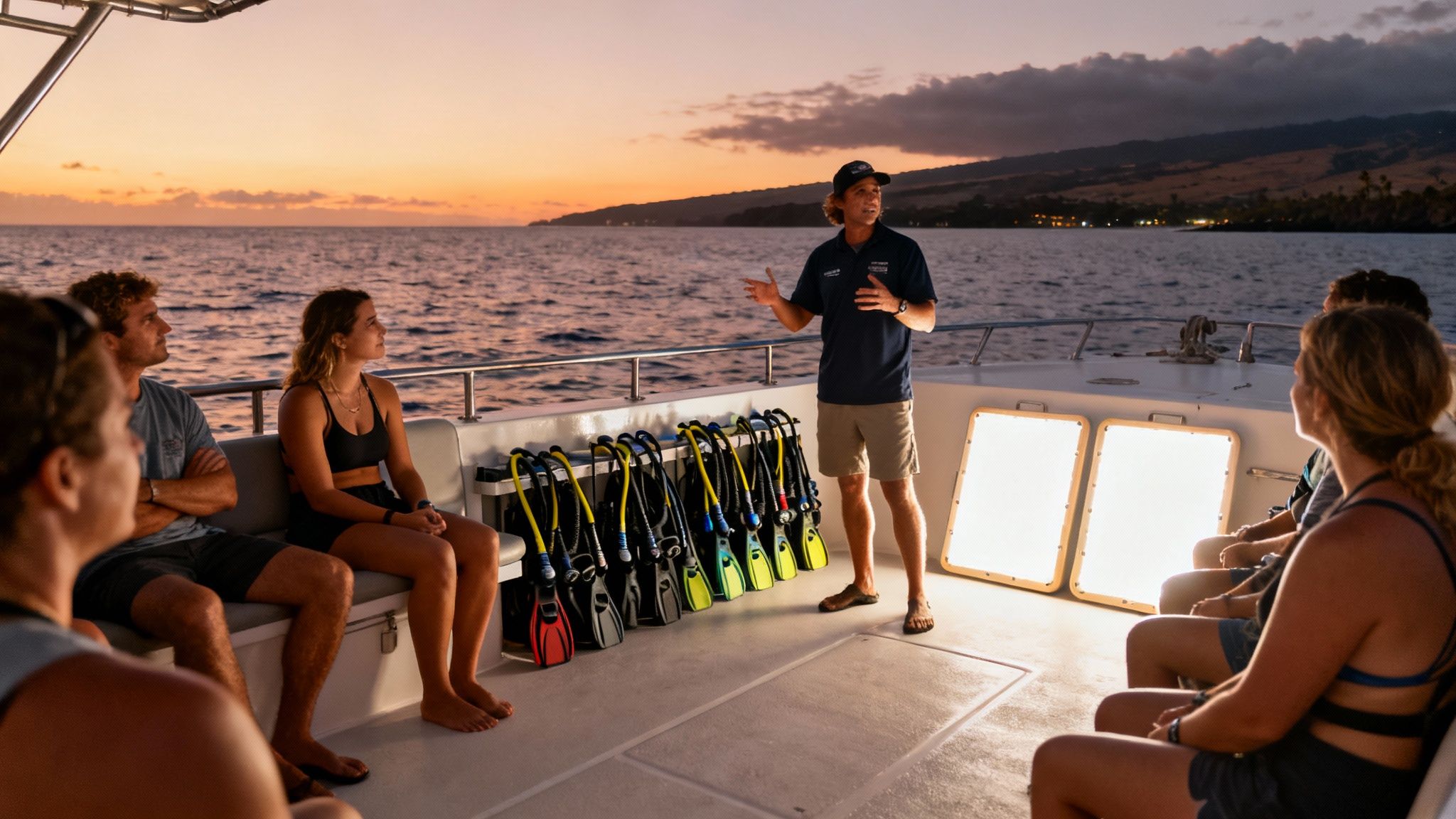 A dive instructor briefs a group of divers on a boat with equipment at sunset.