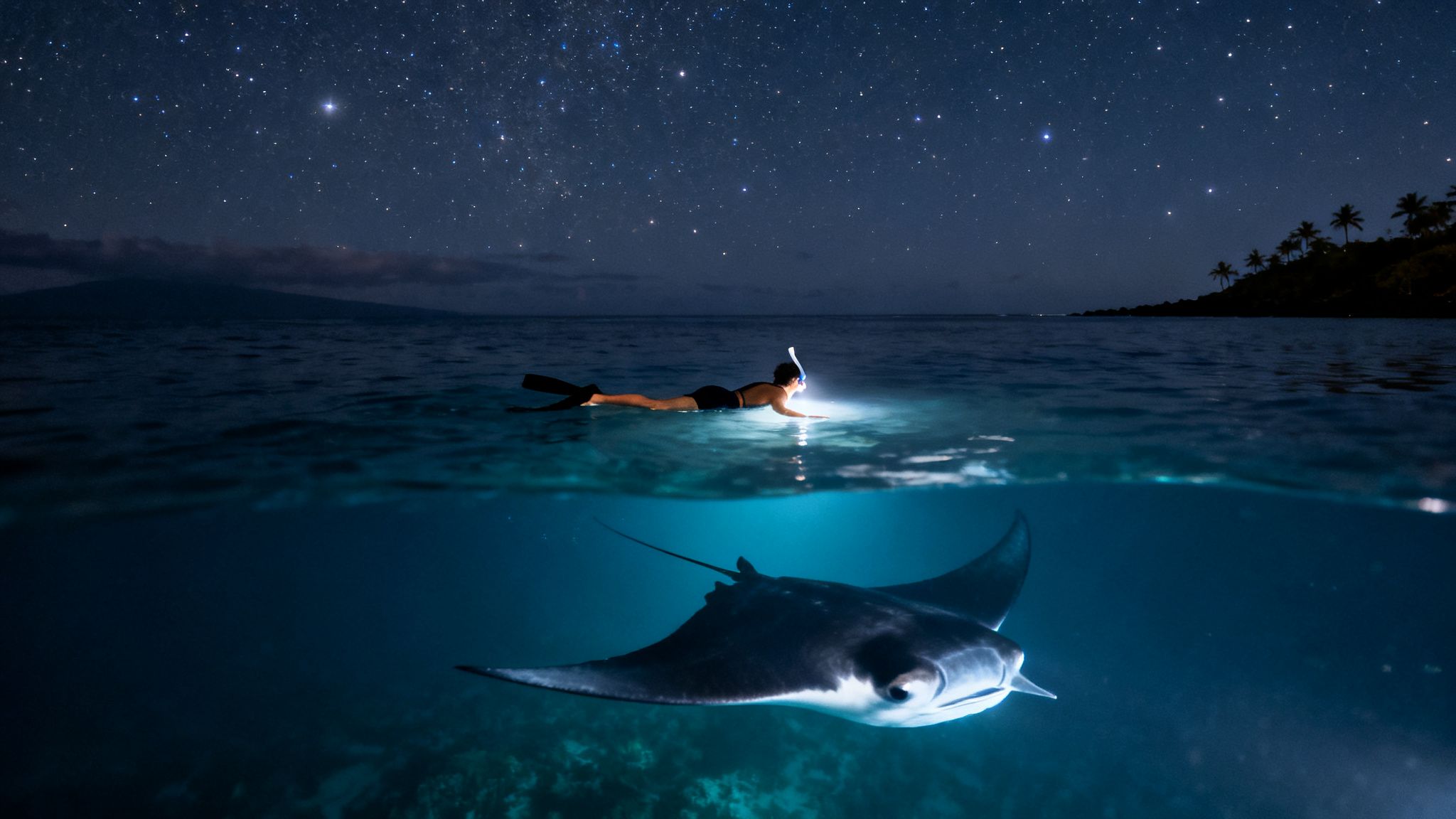 A person night snorkeling illuminates a majestic manta ray under a vibrant starry sky.