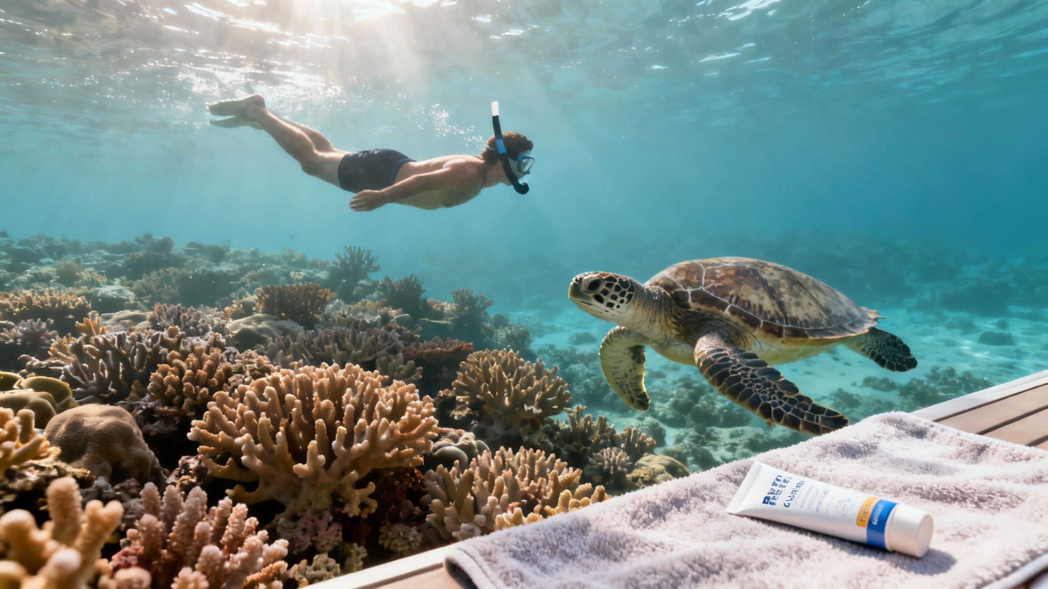 A man snorkeling above a vibrant coral reef, near a sea turtle, with sunscreen on a boat deck.