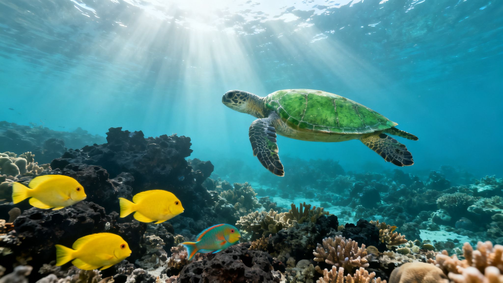 A green sea turtle swims among coral reefs and yellow fish with sun rays in clear blue water.
