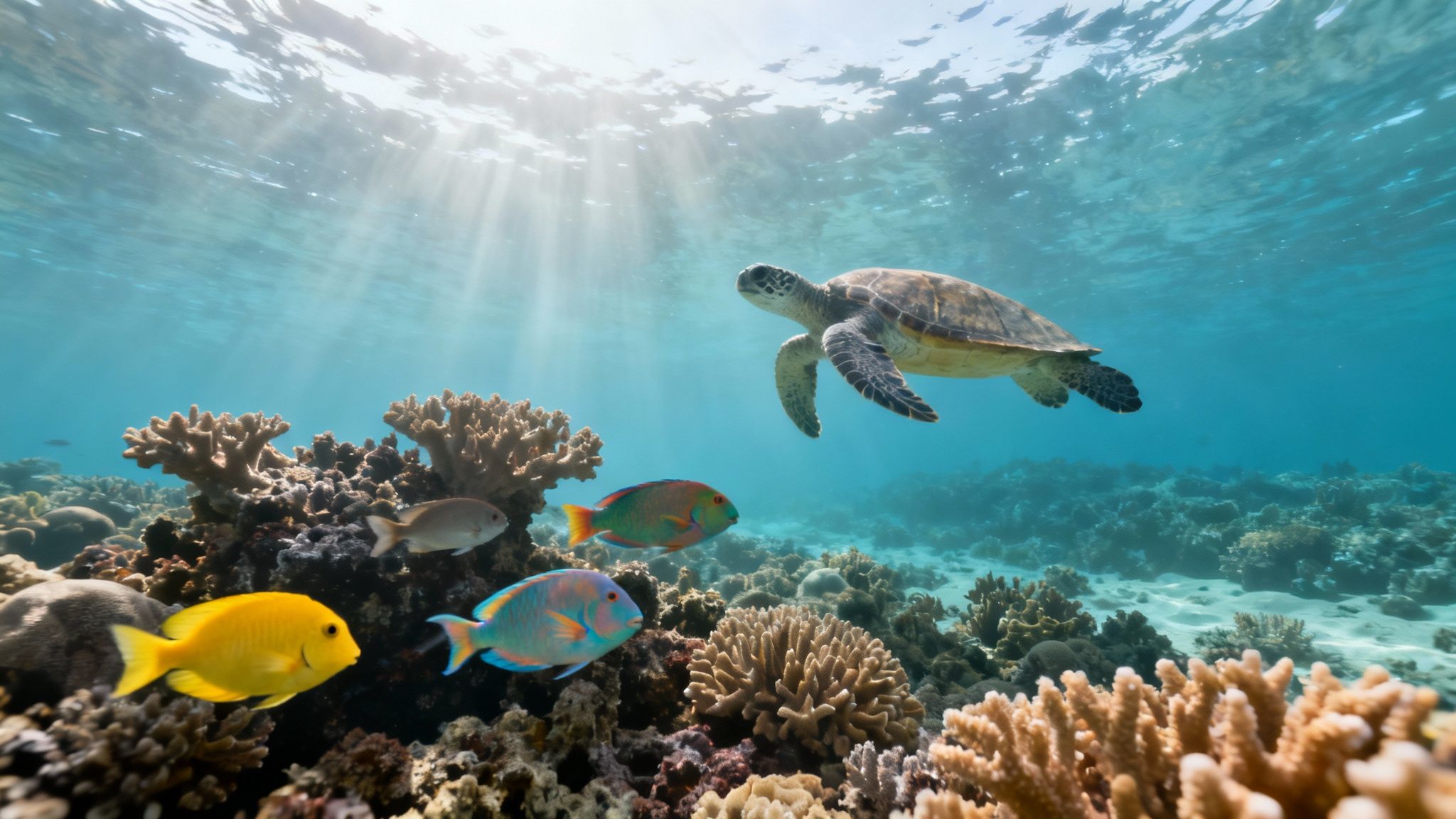 A majestic sea turtle gracefully swims above a vibrant coral reef, accompanied by colorful fish, with sun rays shining through the clear blue water.