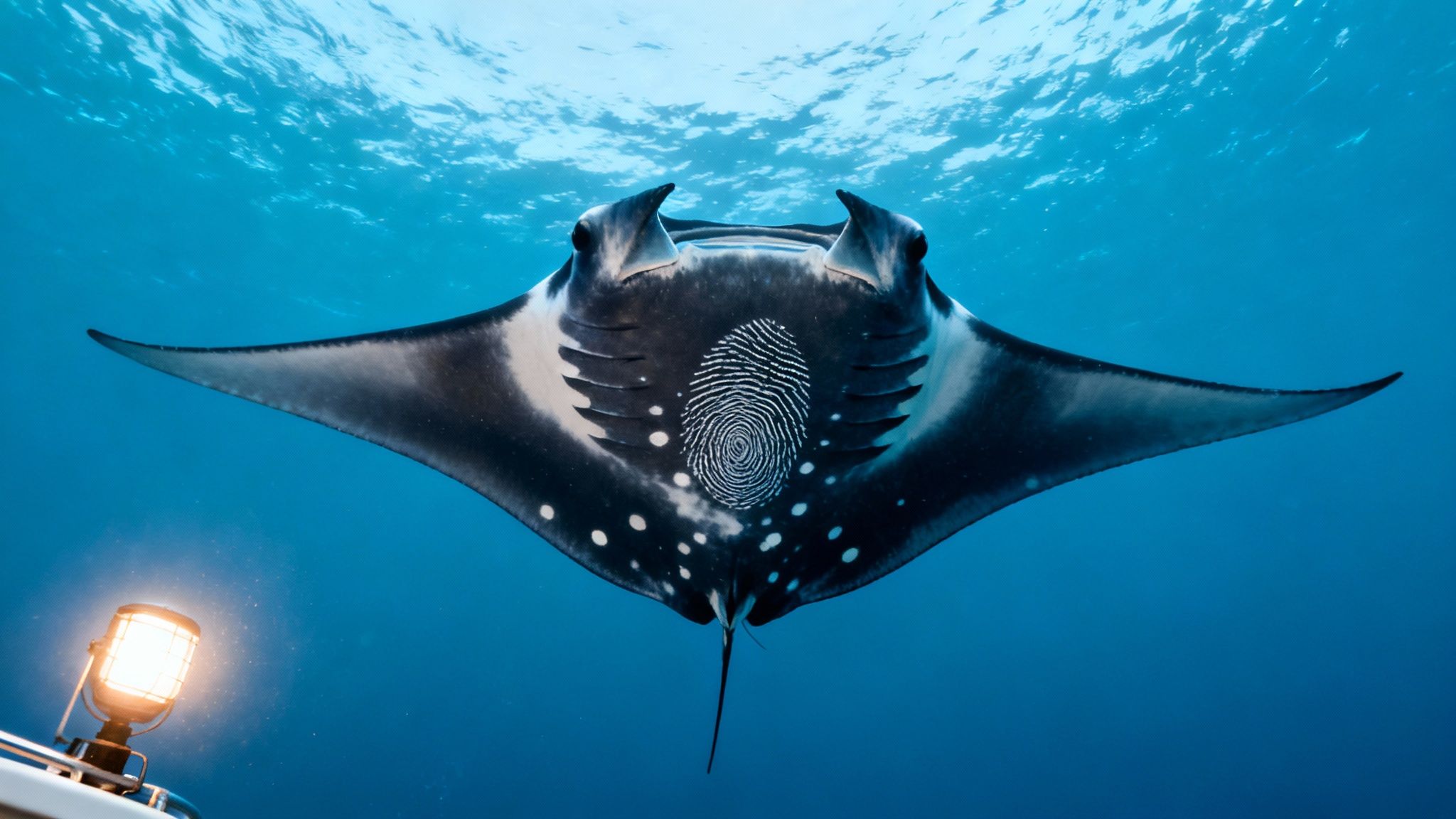 A magnificent manta ray with a unique fingerprint pattern on its white belly swims gracefully in blue ocean water.
