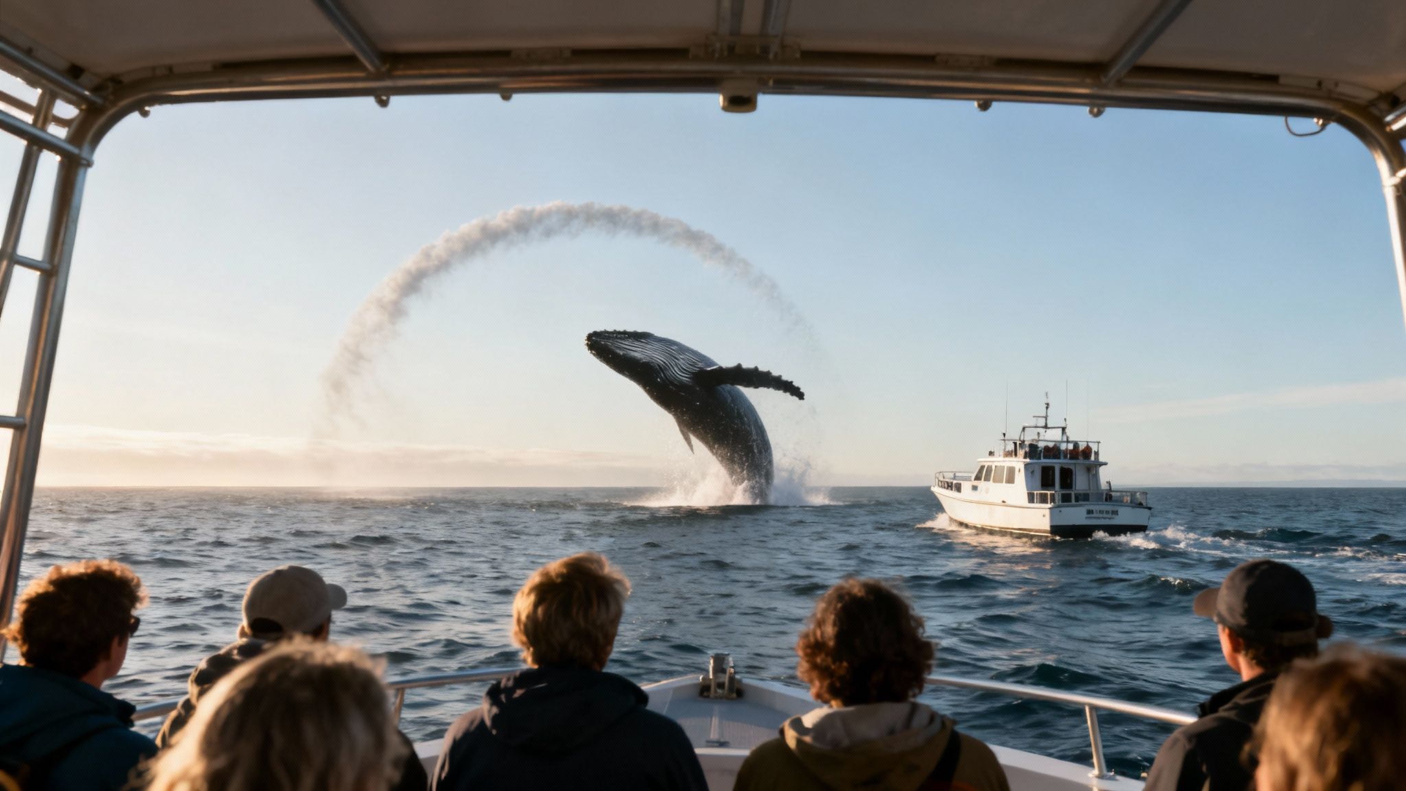 A humpback whale leaps from the water in a dramatic breach near a tour boat.