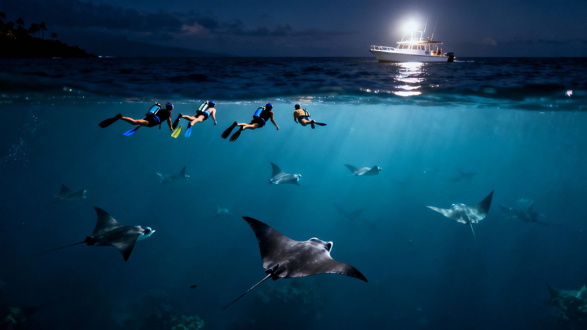 Underwater shot of divers with numerous manta rays at night, illuminated by a boat.