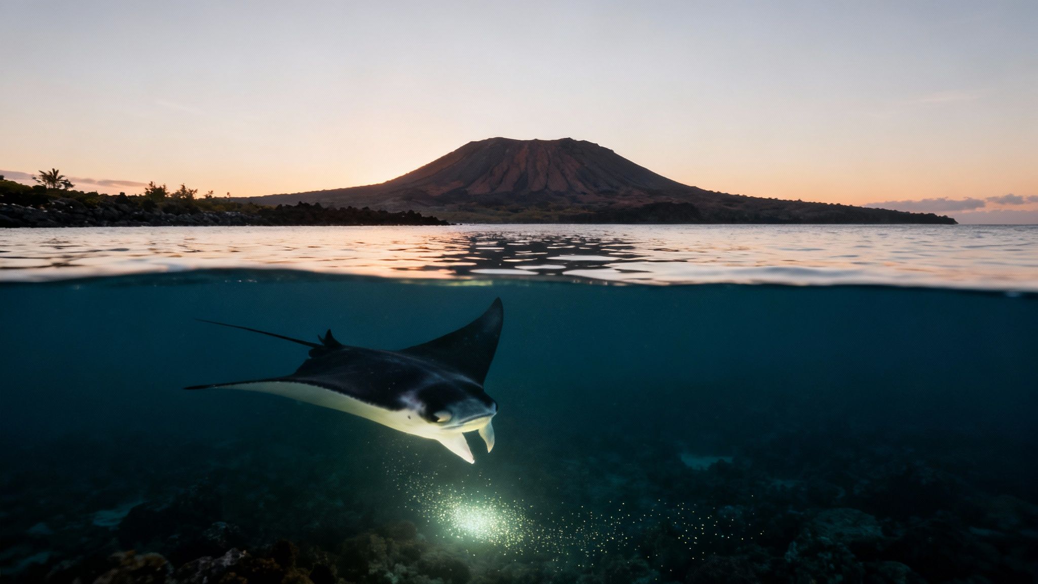 Giant manta ray gracefully swimming in the illuminated water during a night snorkel in Kona.
