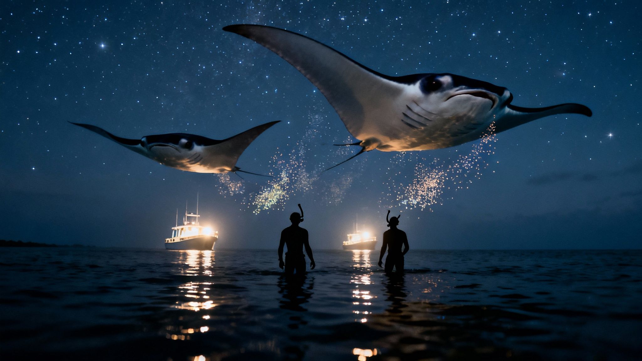 Two snorkelers watch giant manta rays swim through a starry night sky above glowing boats.