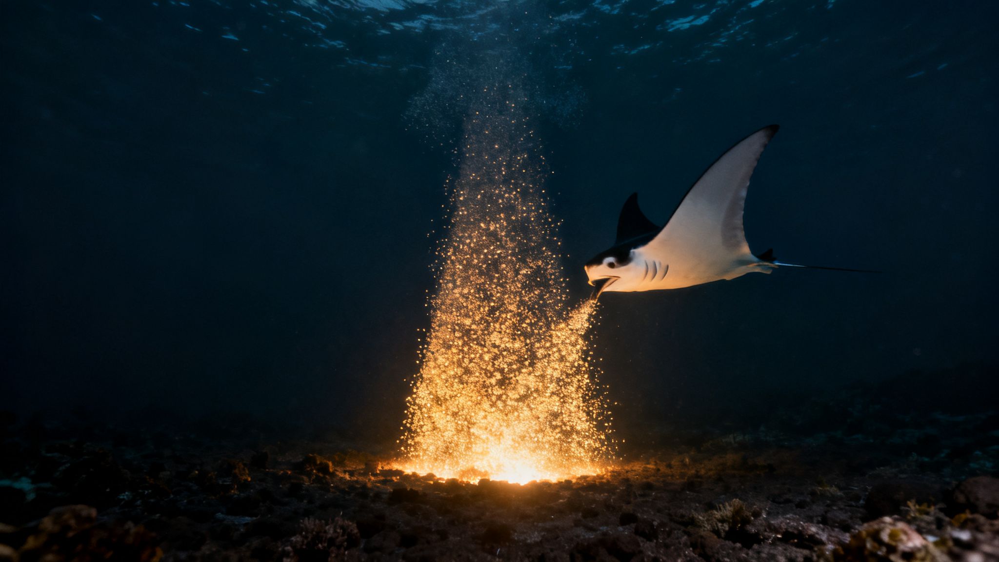 A majestic manta ray swims through dark ocean waters, illuminated by a glowing plume of bioluminescent plankton.