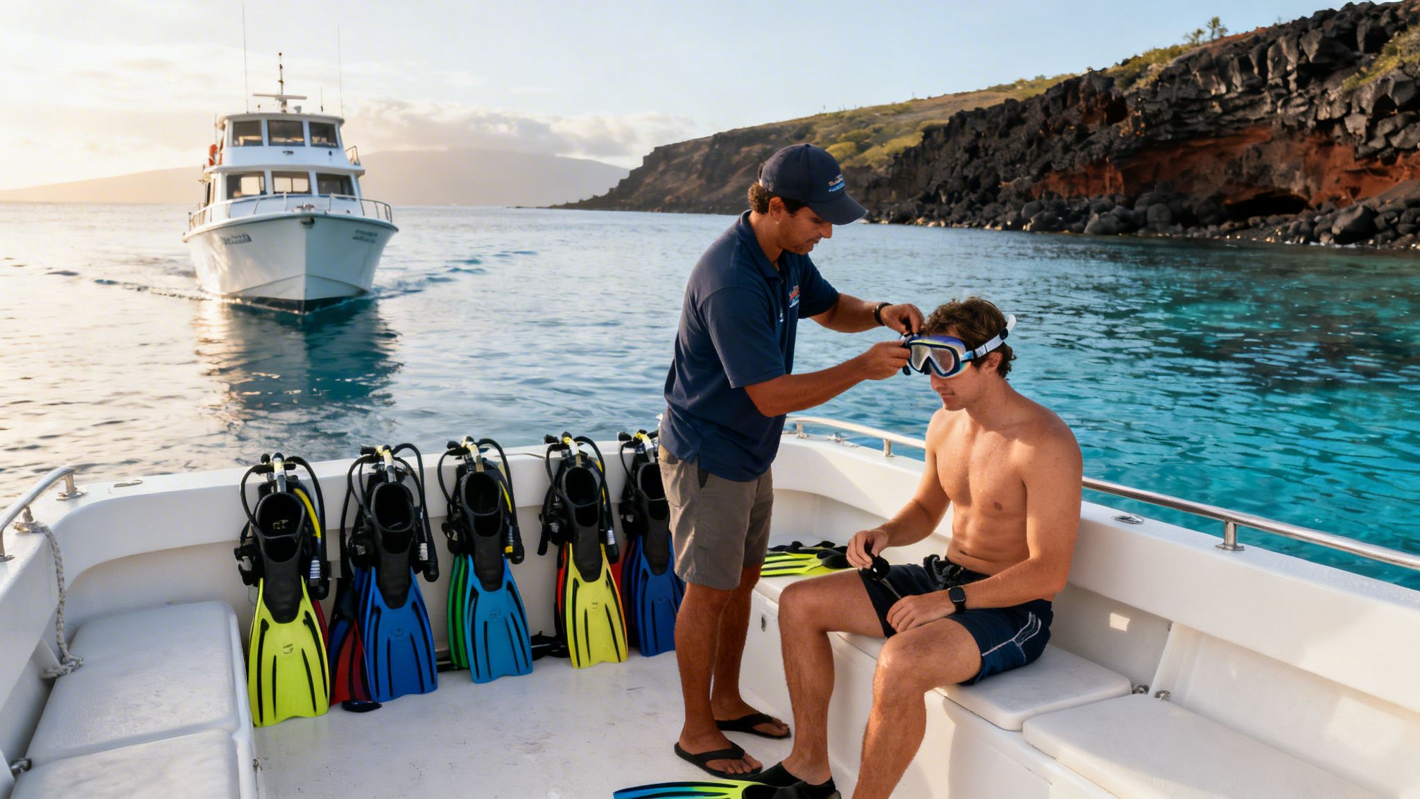 A guide assists a man with a snorkel mask on a boat, surrounded by diving gear and ocean.