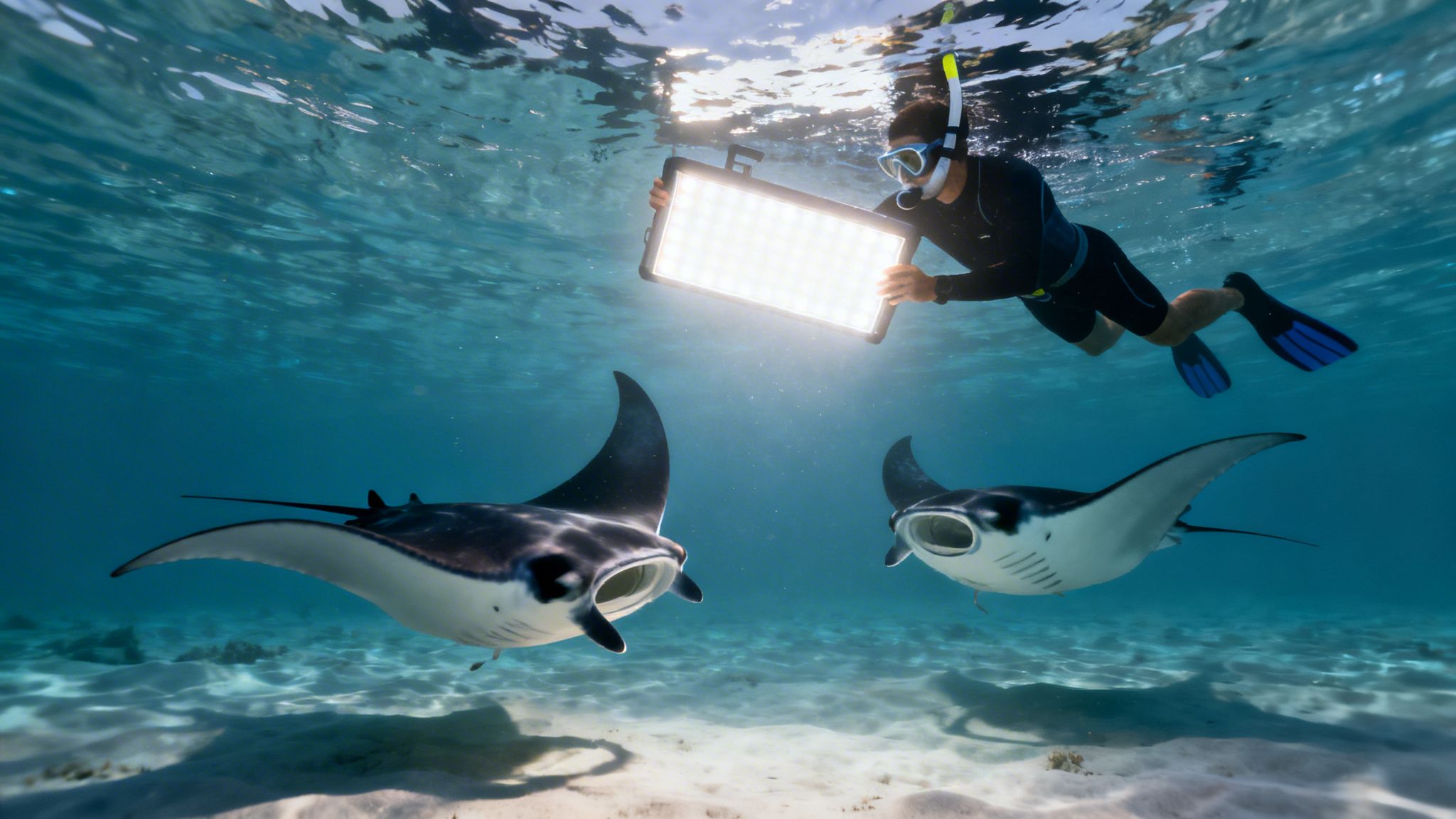 A person with an underwater light illuminates two manta rays swimming over a sandy seafloor.