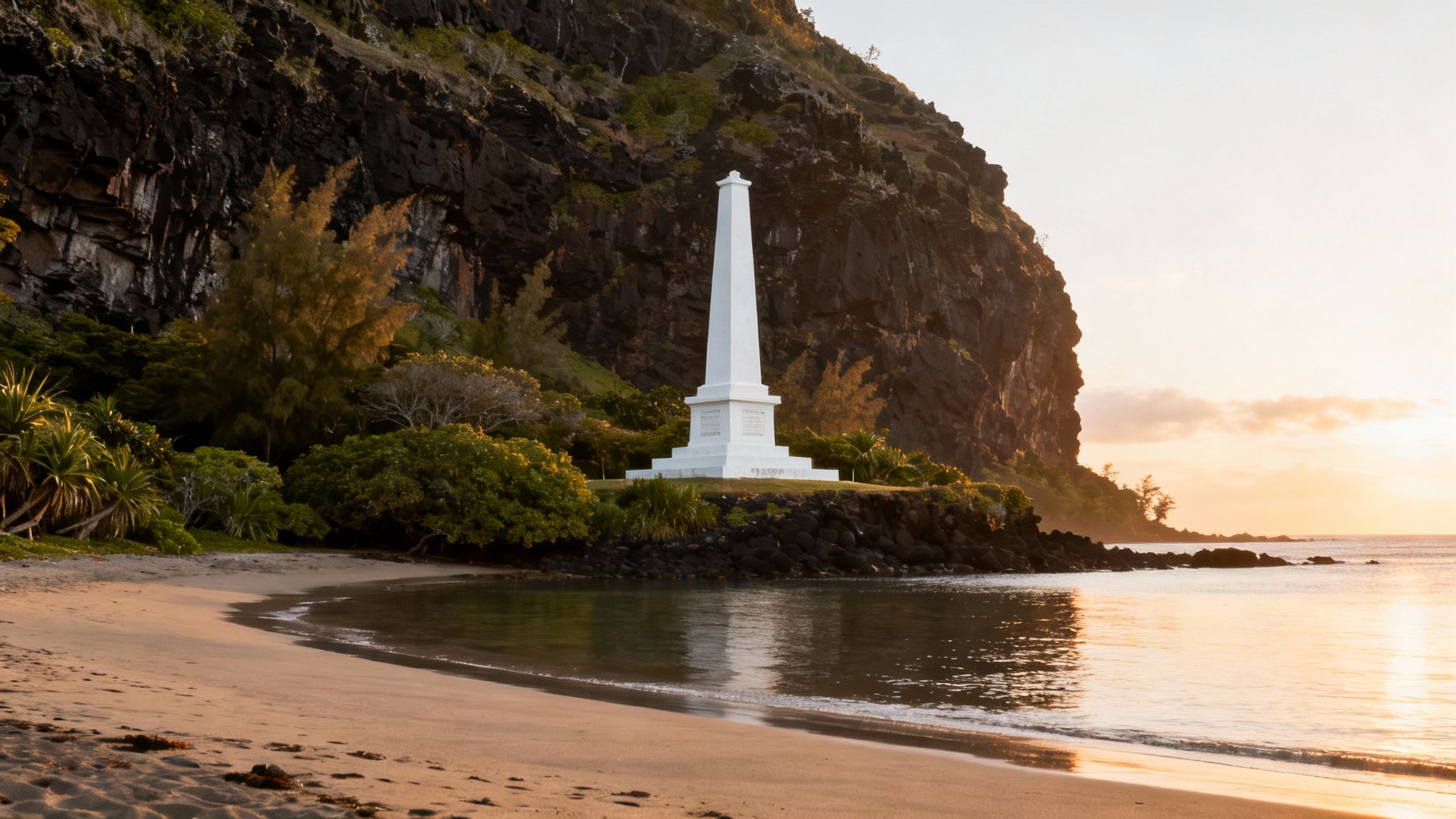 A grand white obelisk on a rocky point overlooking a serene beach with a golden sunset.
