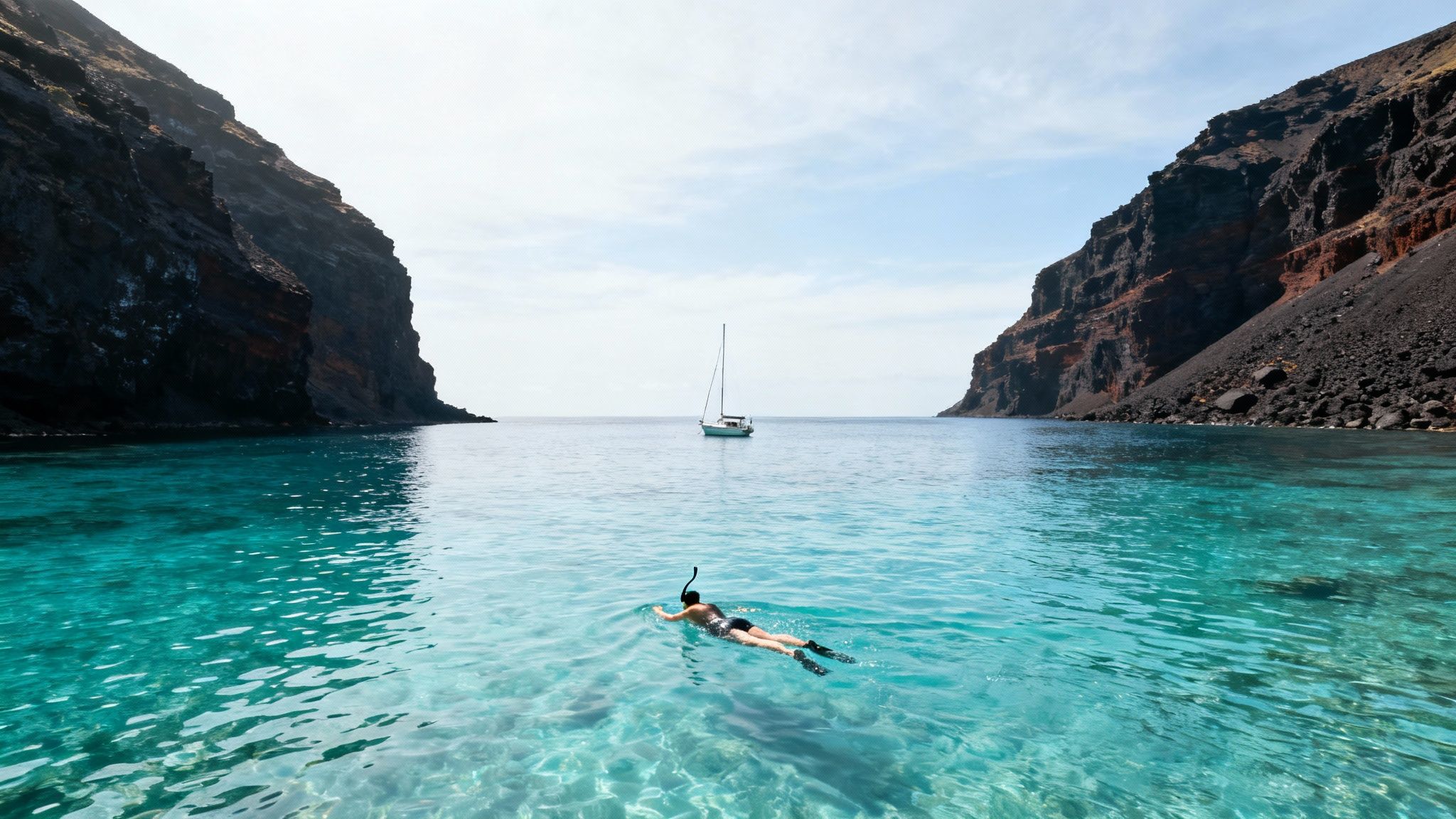 A person snorkels in crystal clear turquoise water between dark cliffs with a sailboat in the distance.