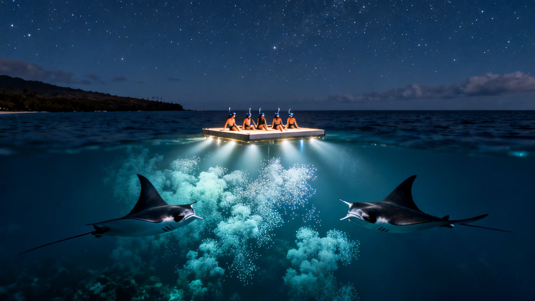 Five people on a lighted raft watch manta rays under a starry night sky.