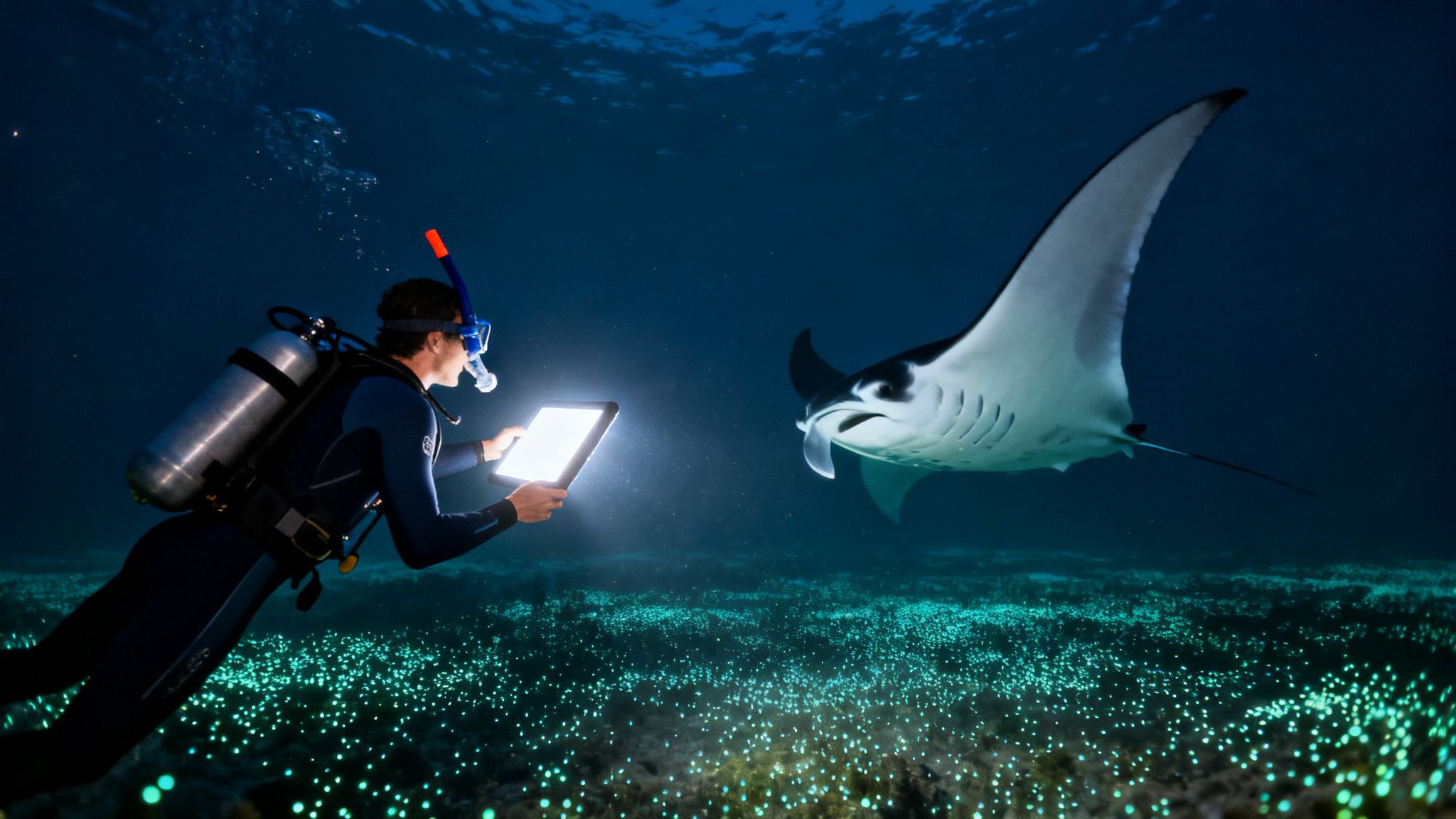 A diver with a luminous tablet observes a majestic manta ray in a bioluminescent ocean.