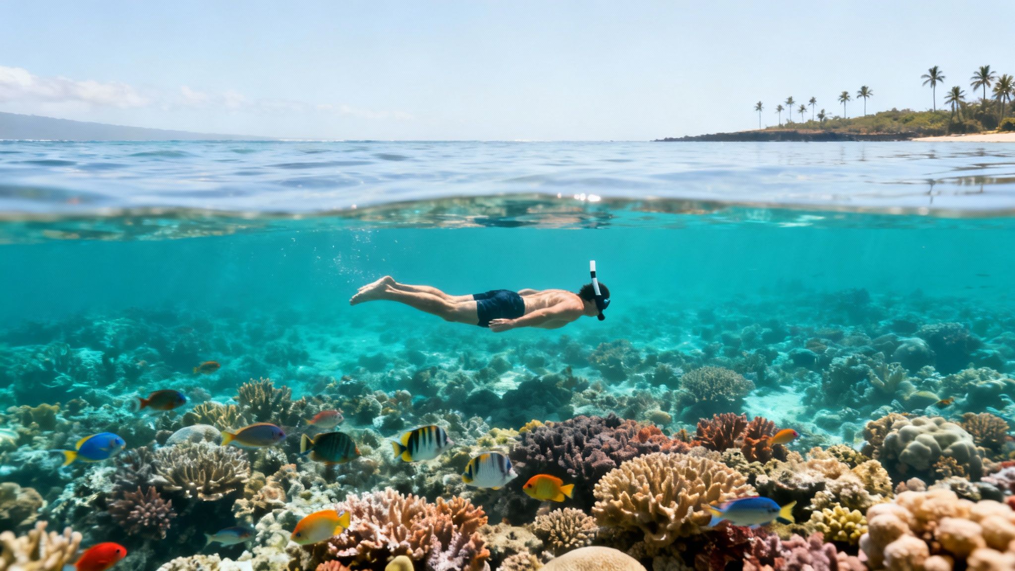 A man snorkels over a vibrant coral reef with colorful fish, tropical island visible above water.