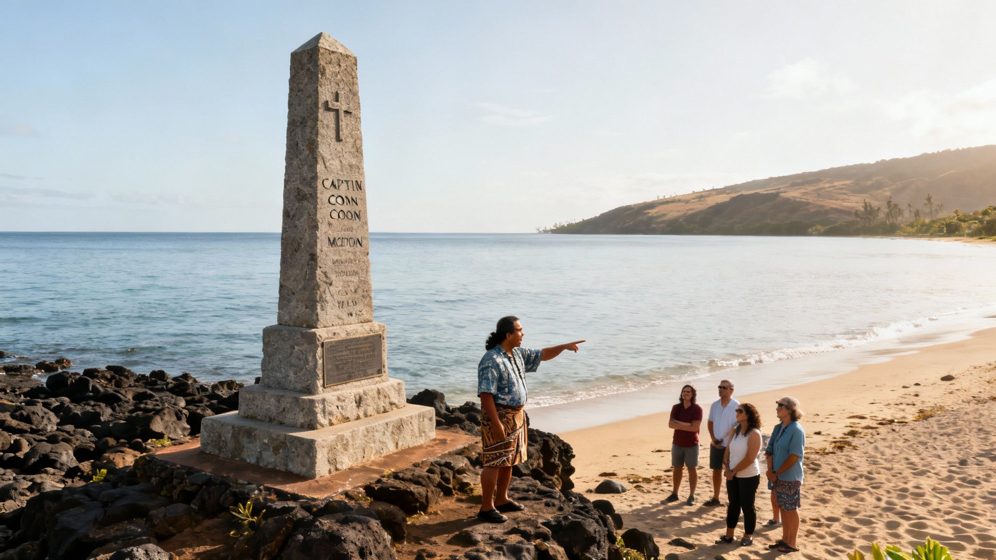 A guide points at the ocean for tourists next to the Captain Cook monument on a Hawaiian beach.